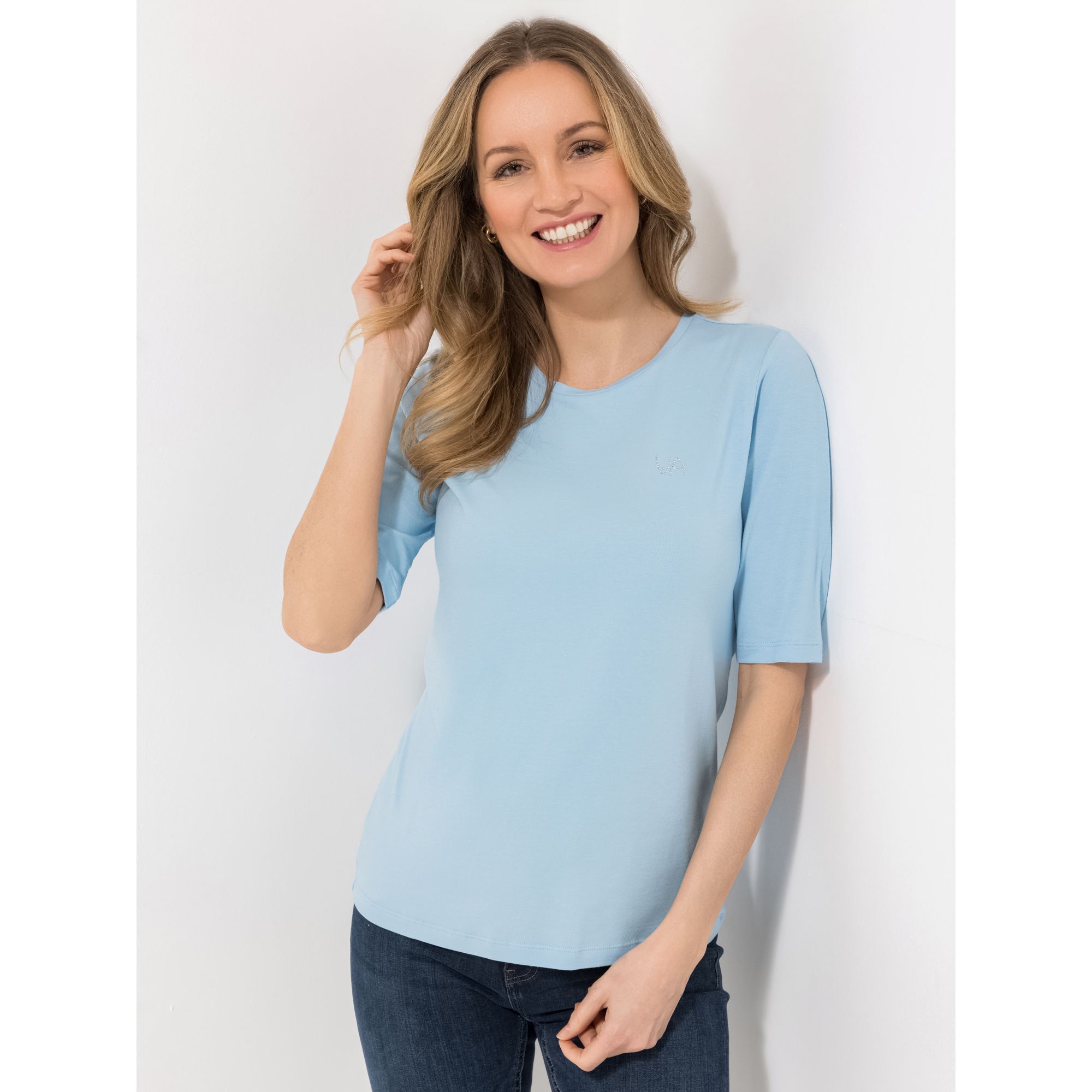 VIA MILANO Shirt, langer Halbarm Rundhalsausschnitt Strass-Logo figurumspielend