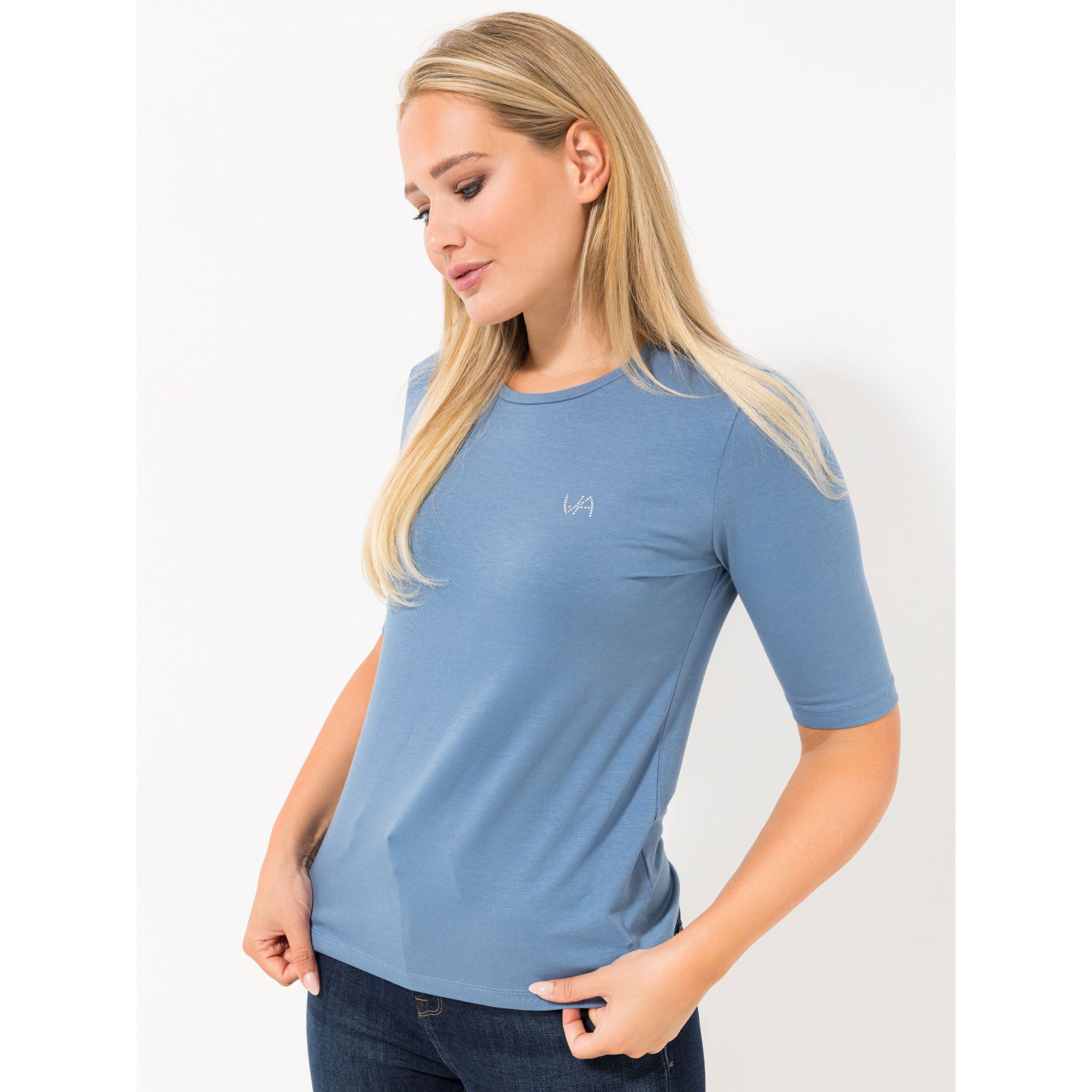 VIA MILANO Shirt, langer Halbarm Rundhalsausschnitt Strass-Logo figurumspielend