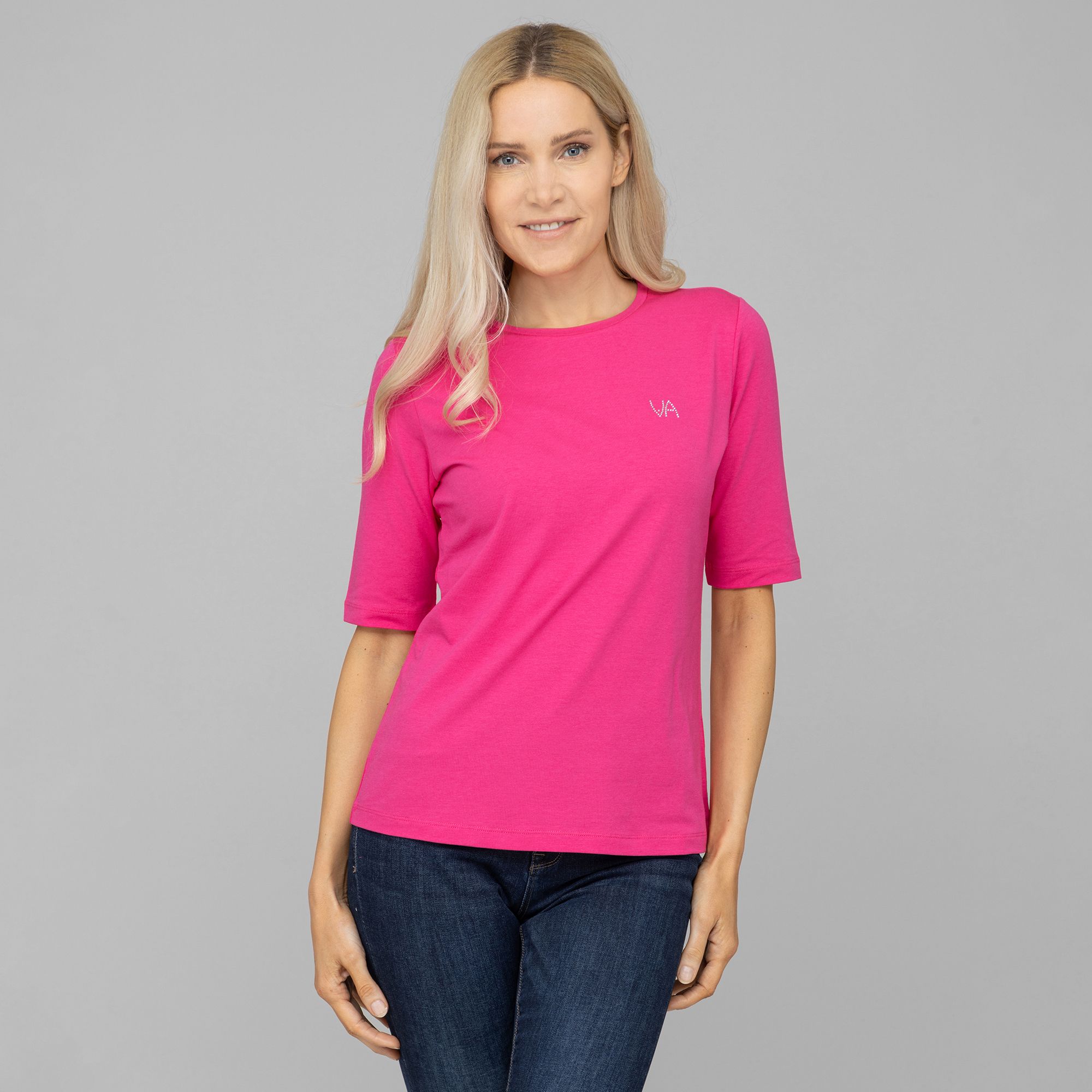 VIA MILANO Shirt, langer Halbarm Rundhalsausschnitt Strass-Logo figurumspielend