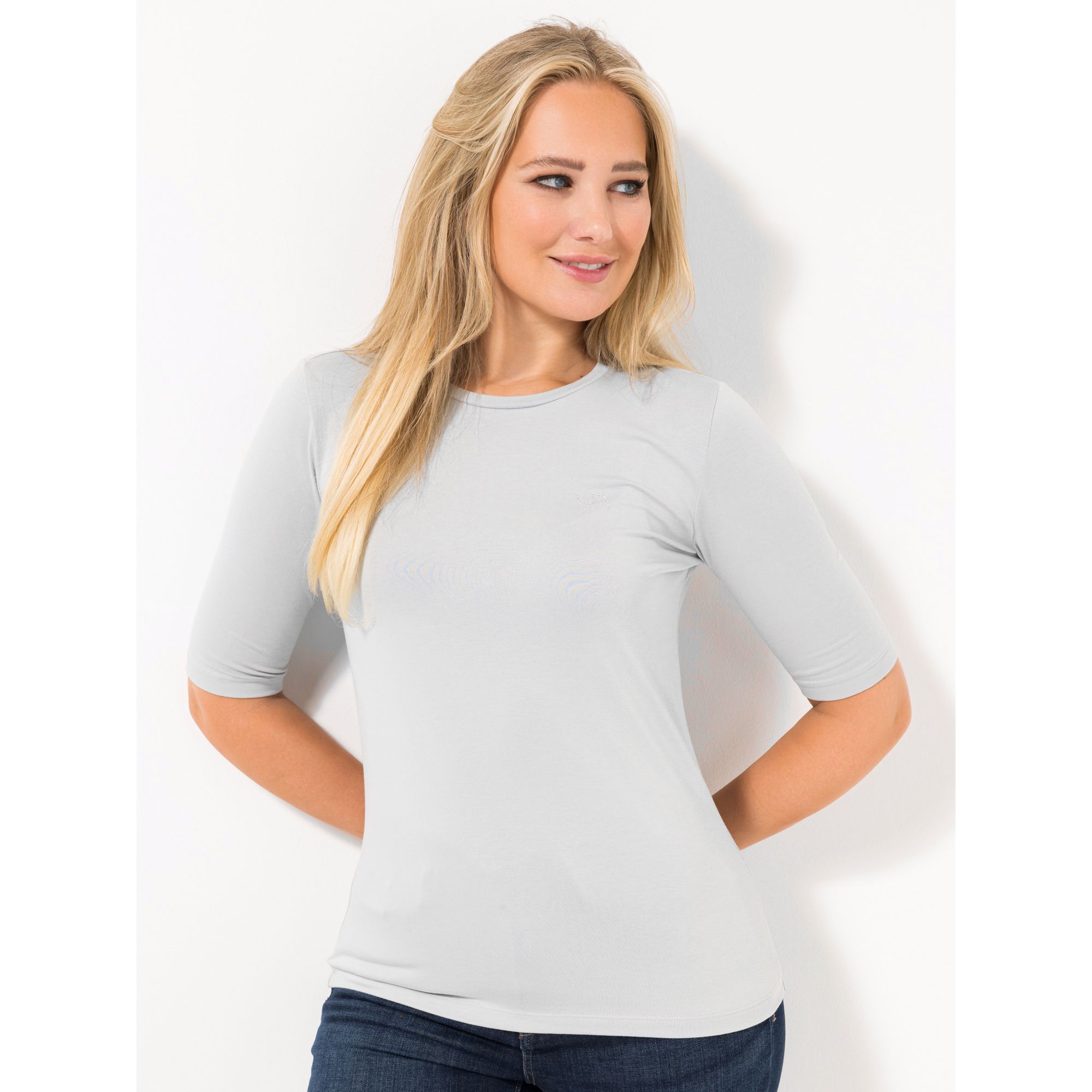 VIA MILANO Shirt, langer Halbarm Rundhalsausschnitt Strass-Logo figurumspielend