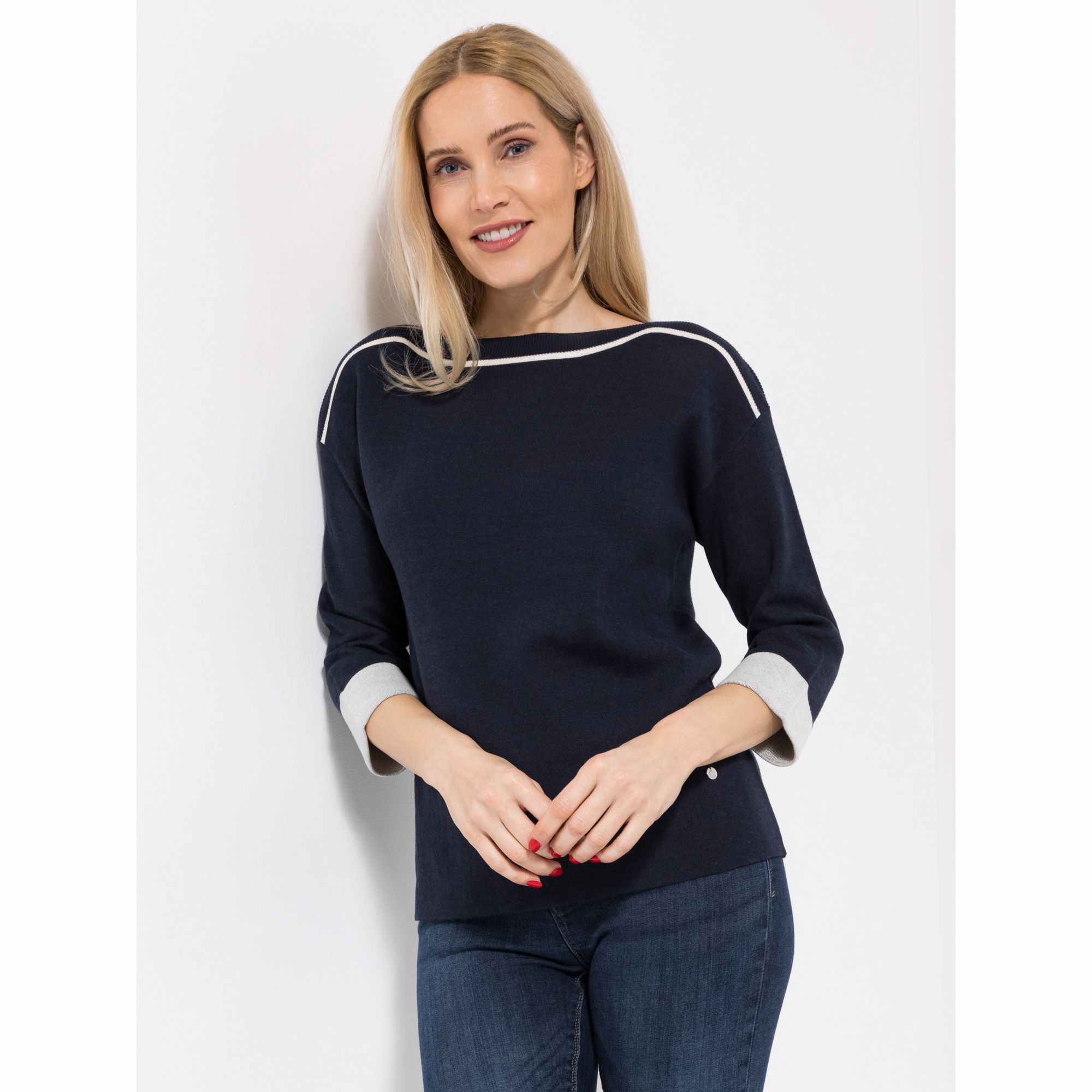 EVA LUTZ Pullover U-Boot Ausschnitt Kontrast-Streifen figurumspielend