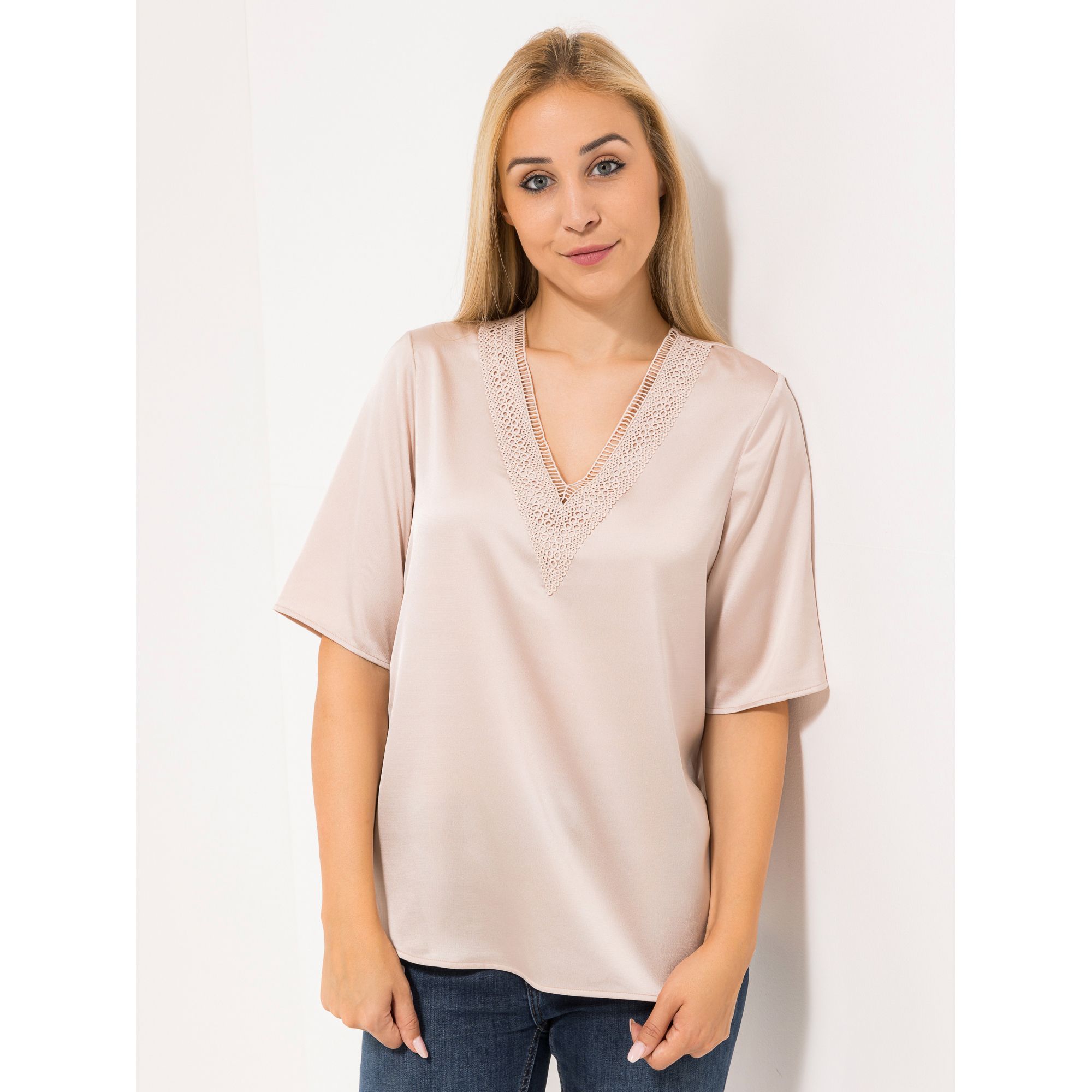 ANNI FOR FRIENDS Bluse, 1/2-Arm V-Ausschnitt Spitzendetails figurumspielend