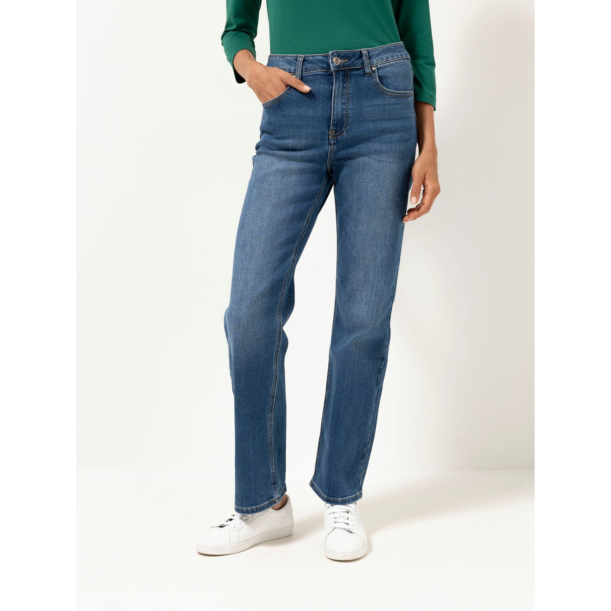 STRANDFEIN Jeanshose lange Form 5-Pocket-Style ausgestelltes Bein