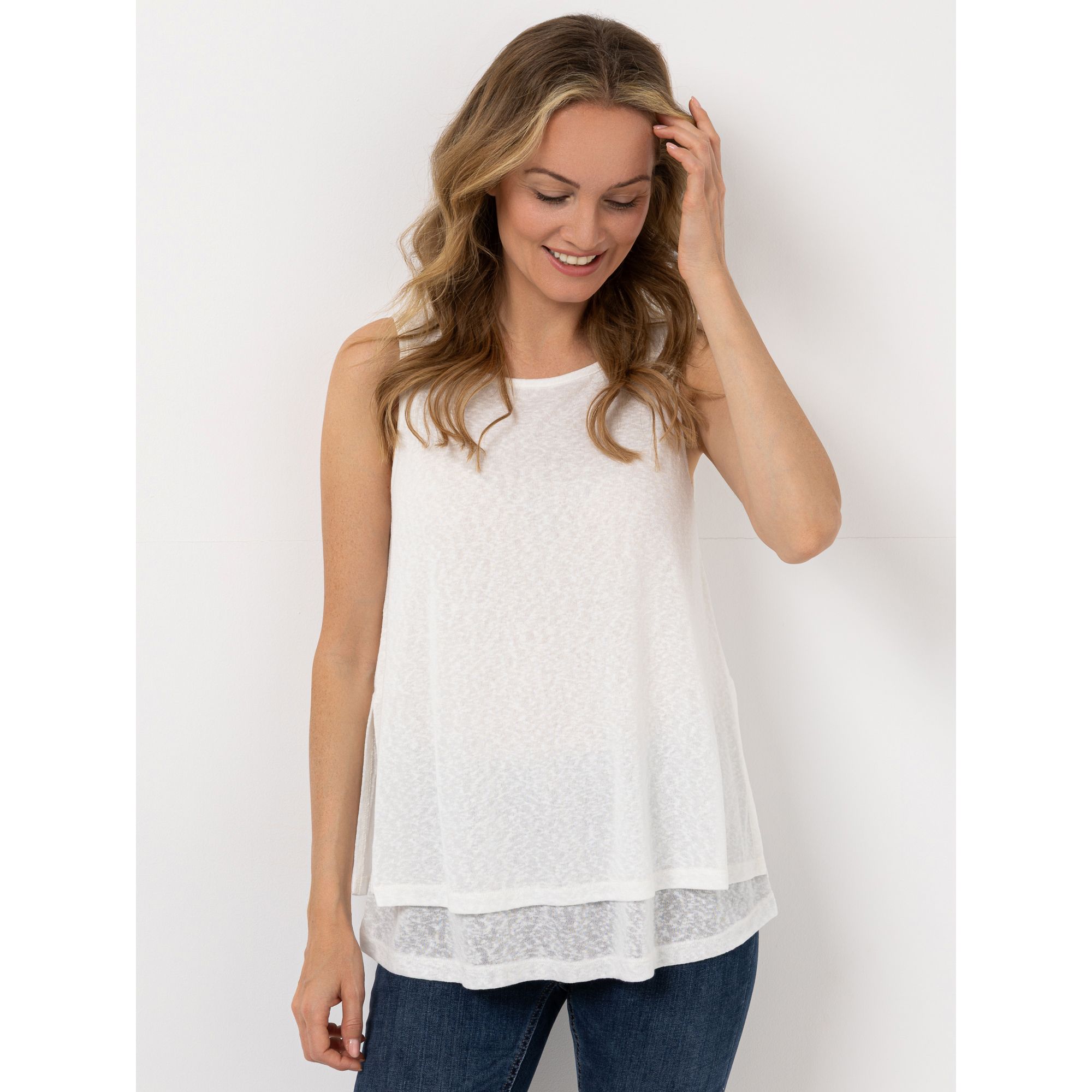 KIM & CO. Top, doppellagig Leinen-Optik Jersey Rundhalsausschnitt figurumspielend