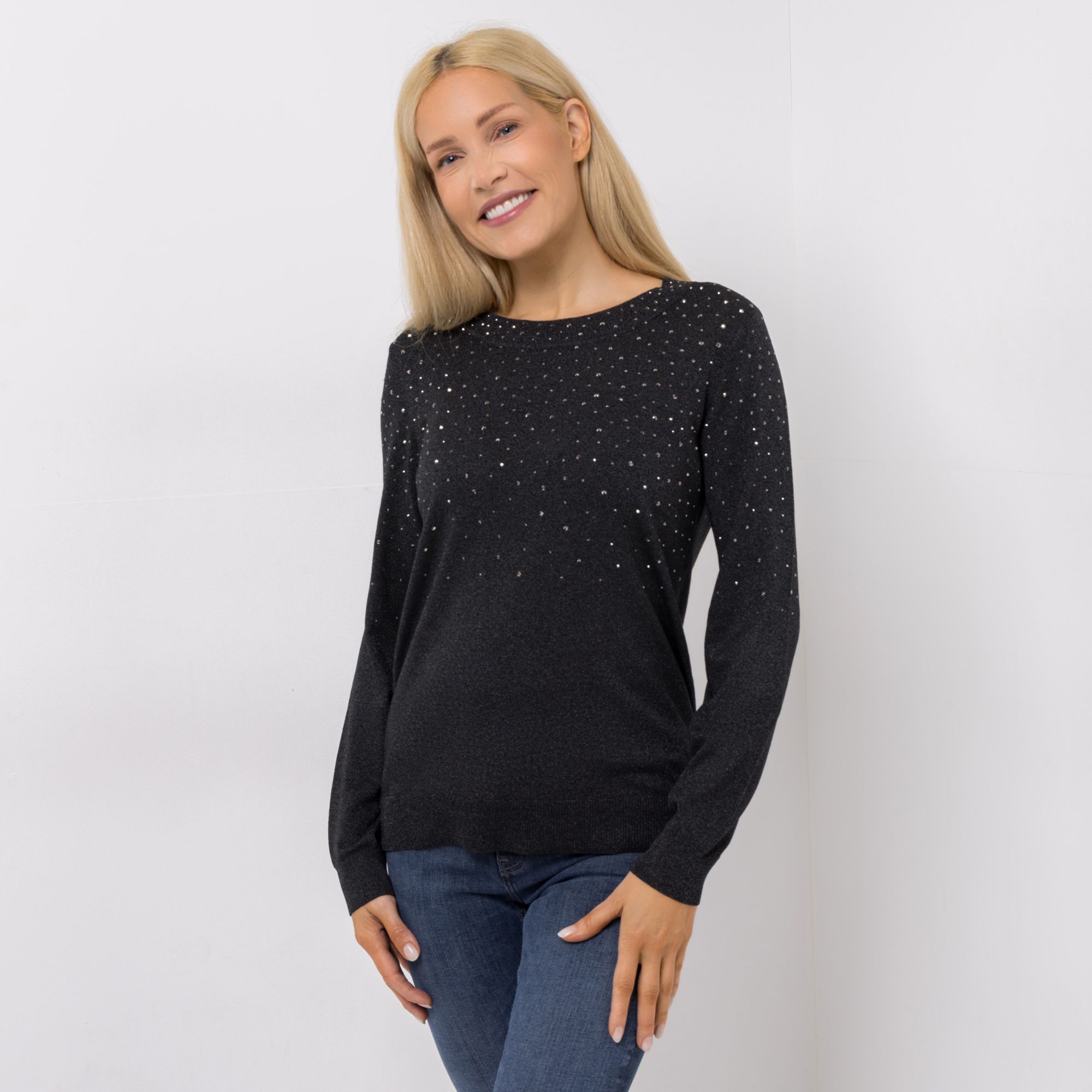 EVA LUTZ Pullover Rundhalsausschnitt Strass-Details figurumspielend