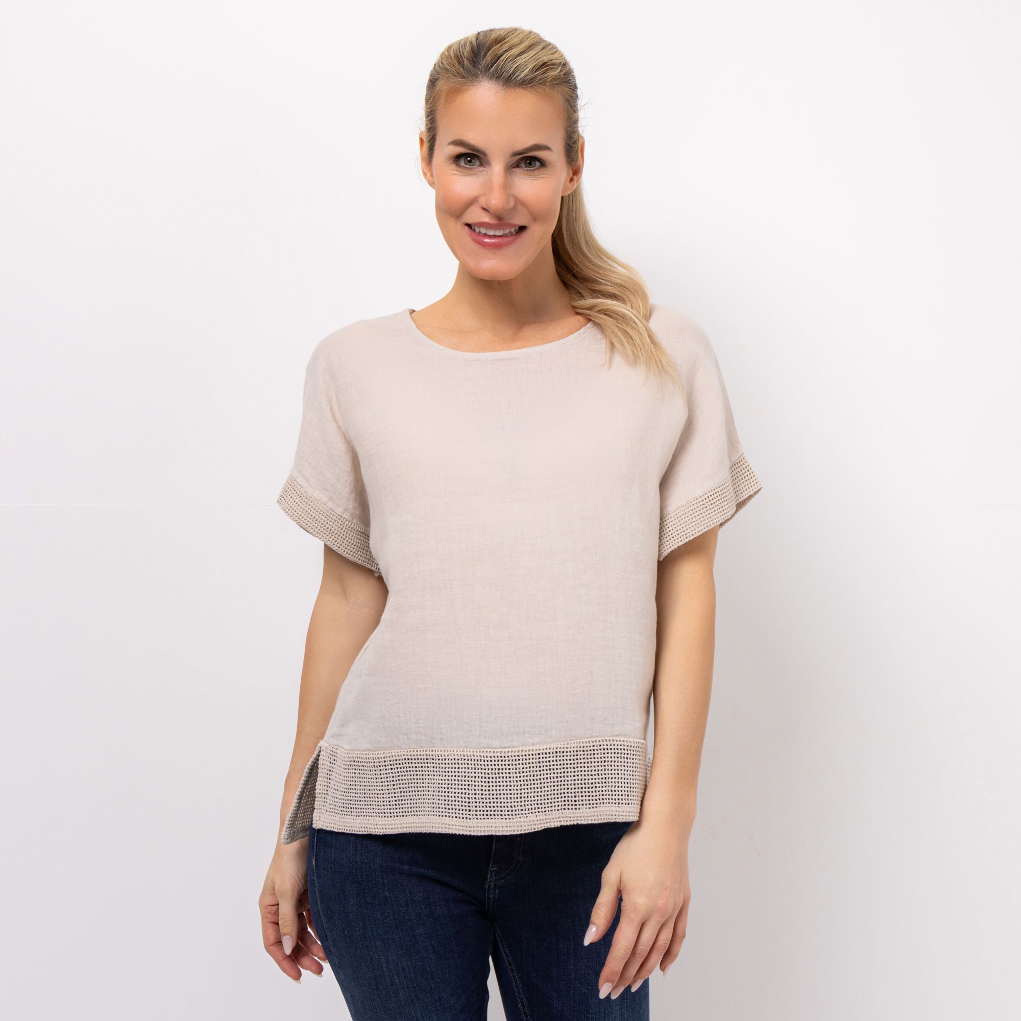 DINE 'N' DANCE Leinenshirt, 1/2-Arm Rundhalsausschnitt Materialmix leger weit