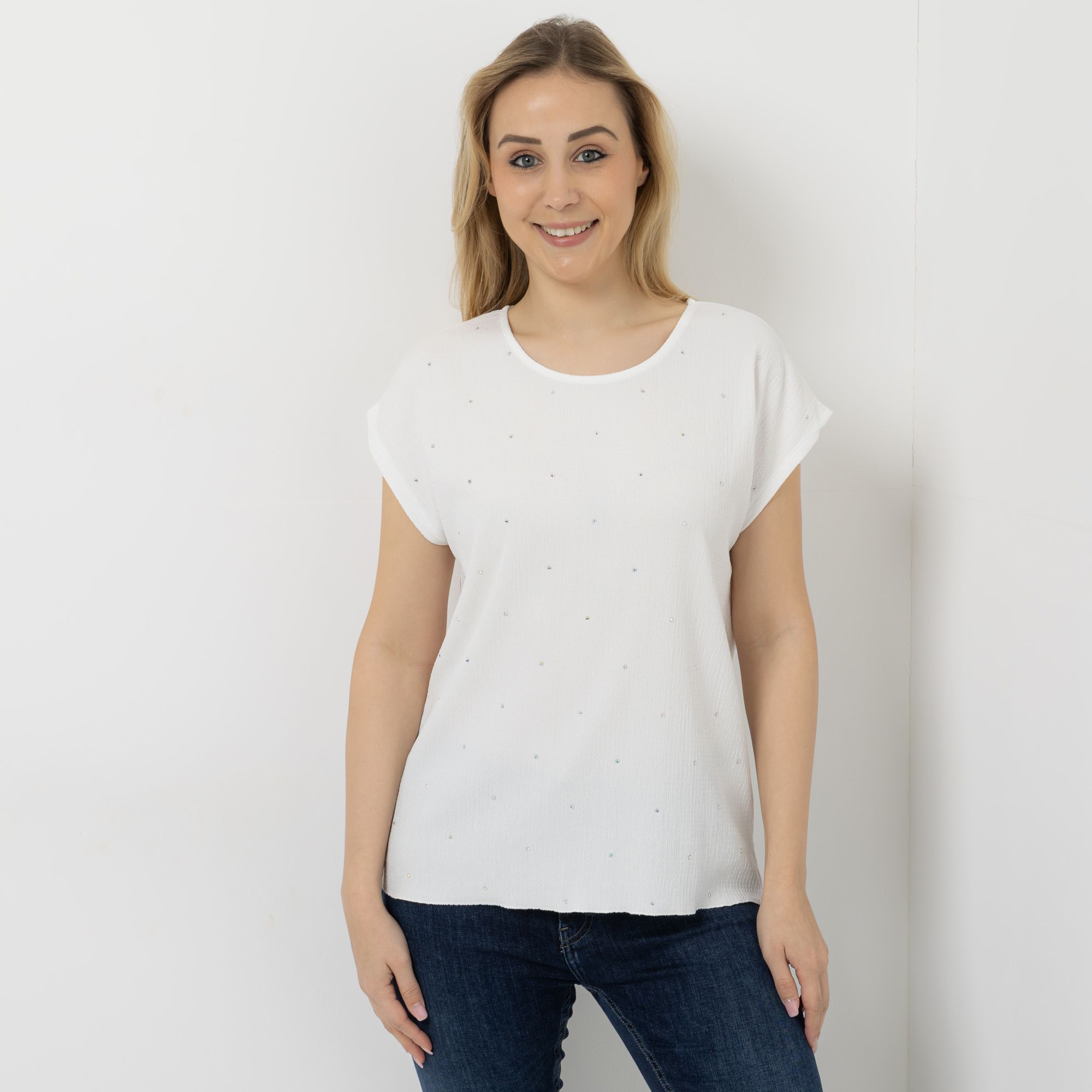 DINE 'N' DANCE Shirt Struktur-Ware Strasssteinbesatz figurumspielend