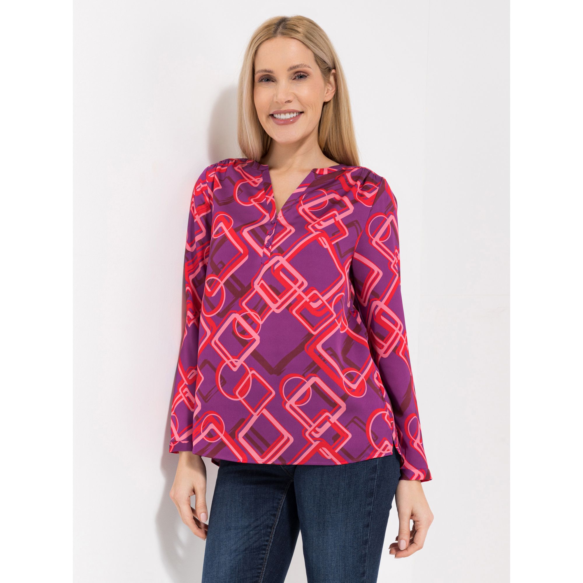 ANNI FOR FRIENDS Bluse Anna, 1/1-Arm Serafino-Ausschnitt hinten länger leger weit