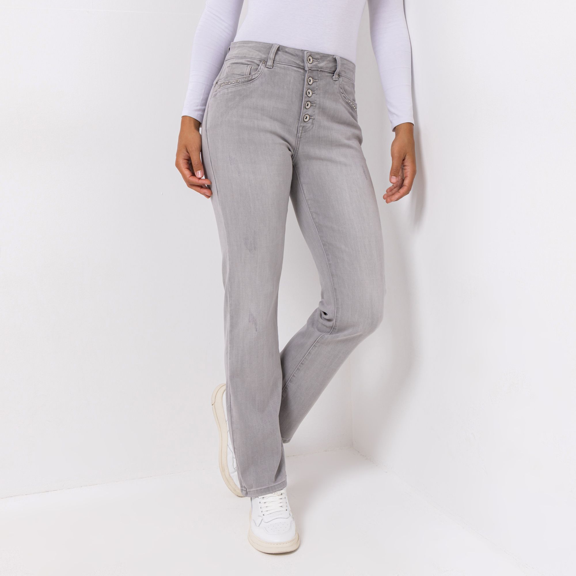 DINE 'N' DANCE Jeanshose Lambada 5-Pocket Style Knopfleiste gerades Bein