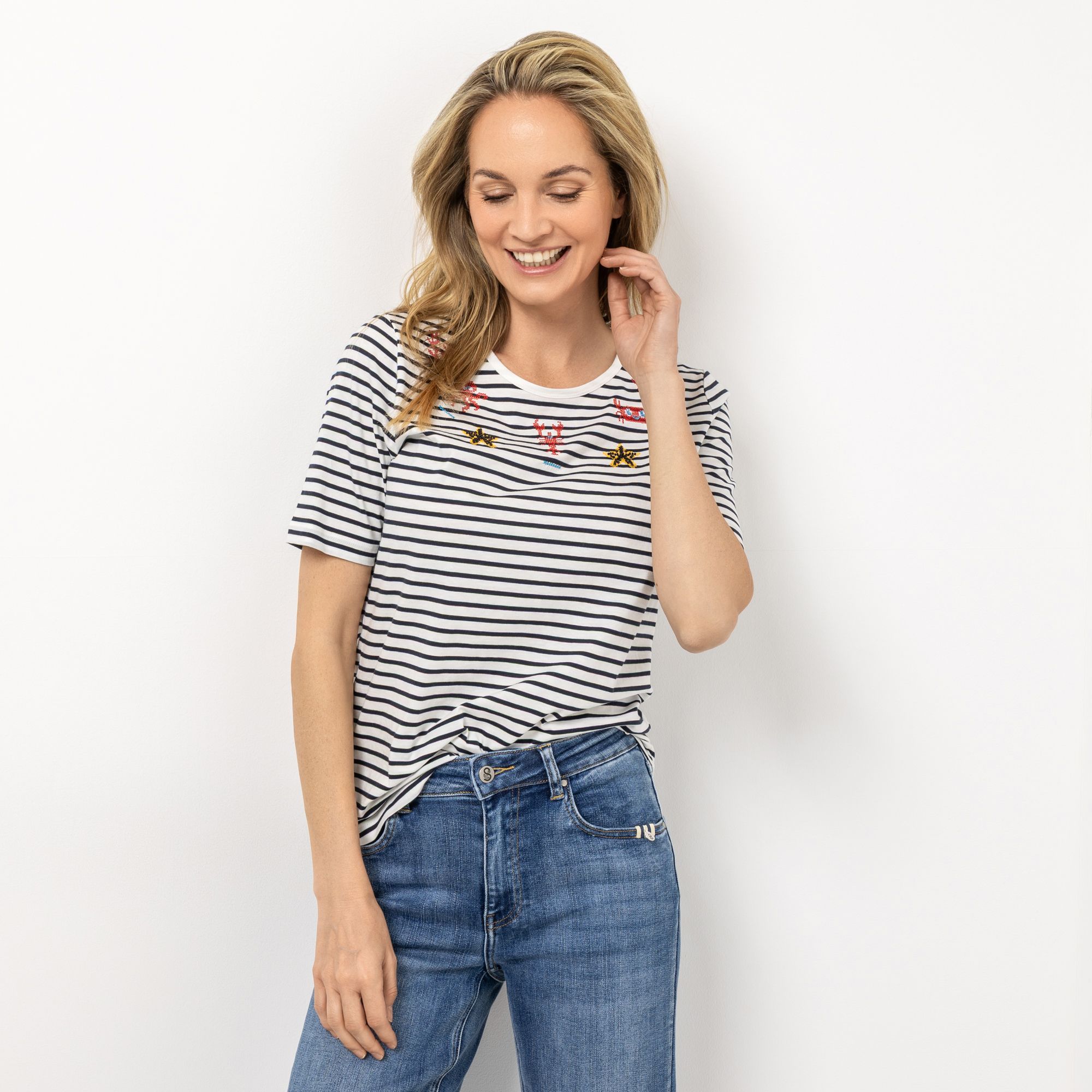 STRANDFEIN Shirt, 1/2-Arm Rundhalsausschnitt Stickerei-Details figurumspielend