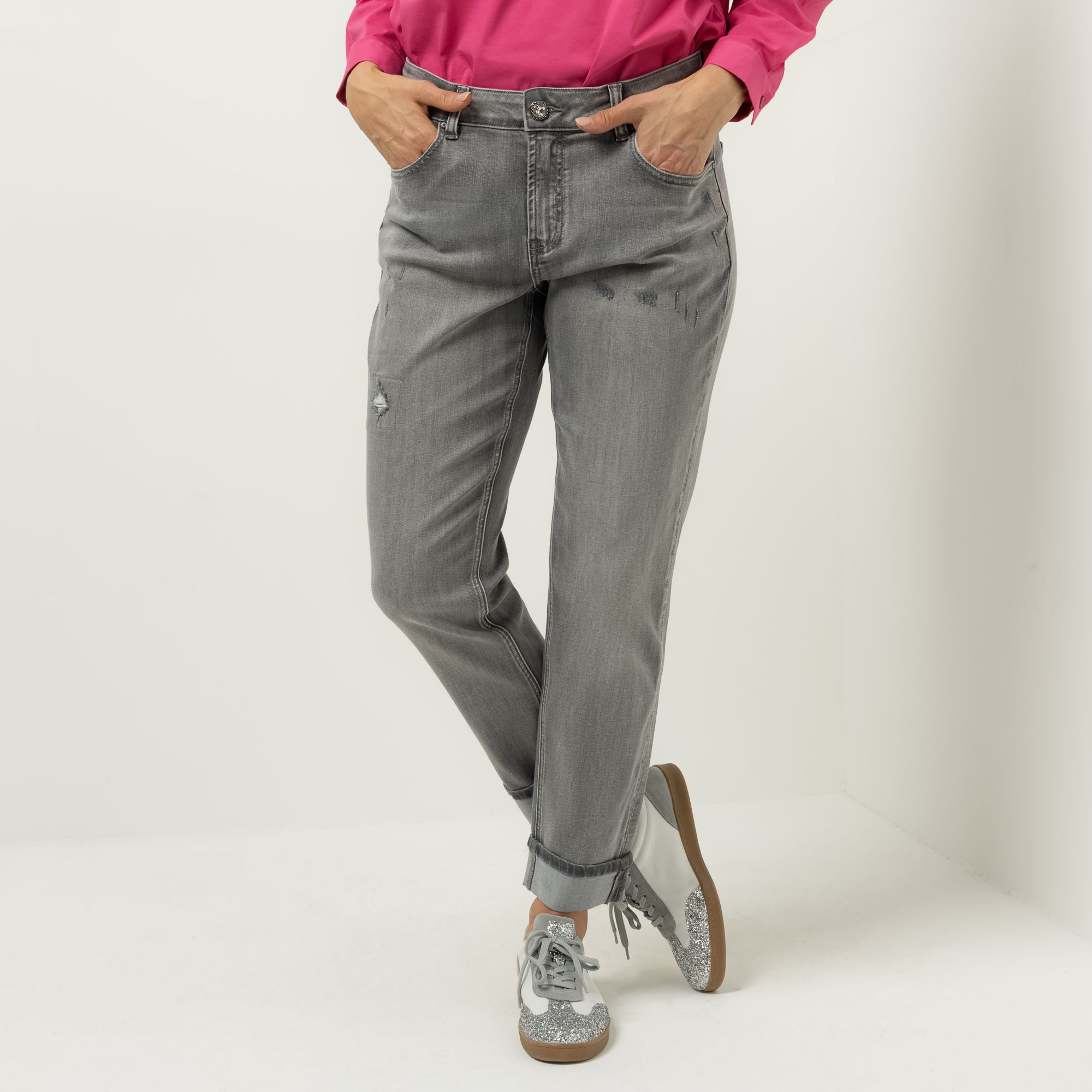 DINE 'N' DANCE Jeanshose Bachata Boyfriend knöchellang Umschlag