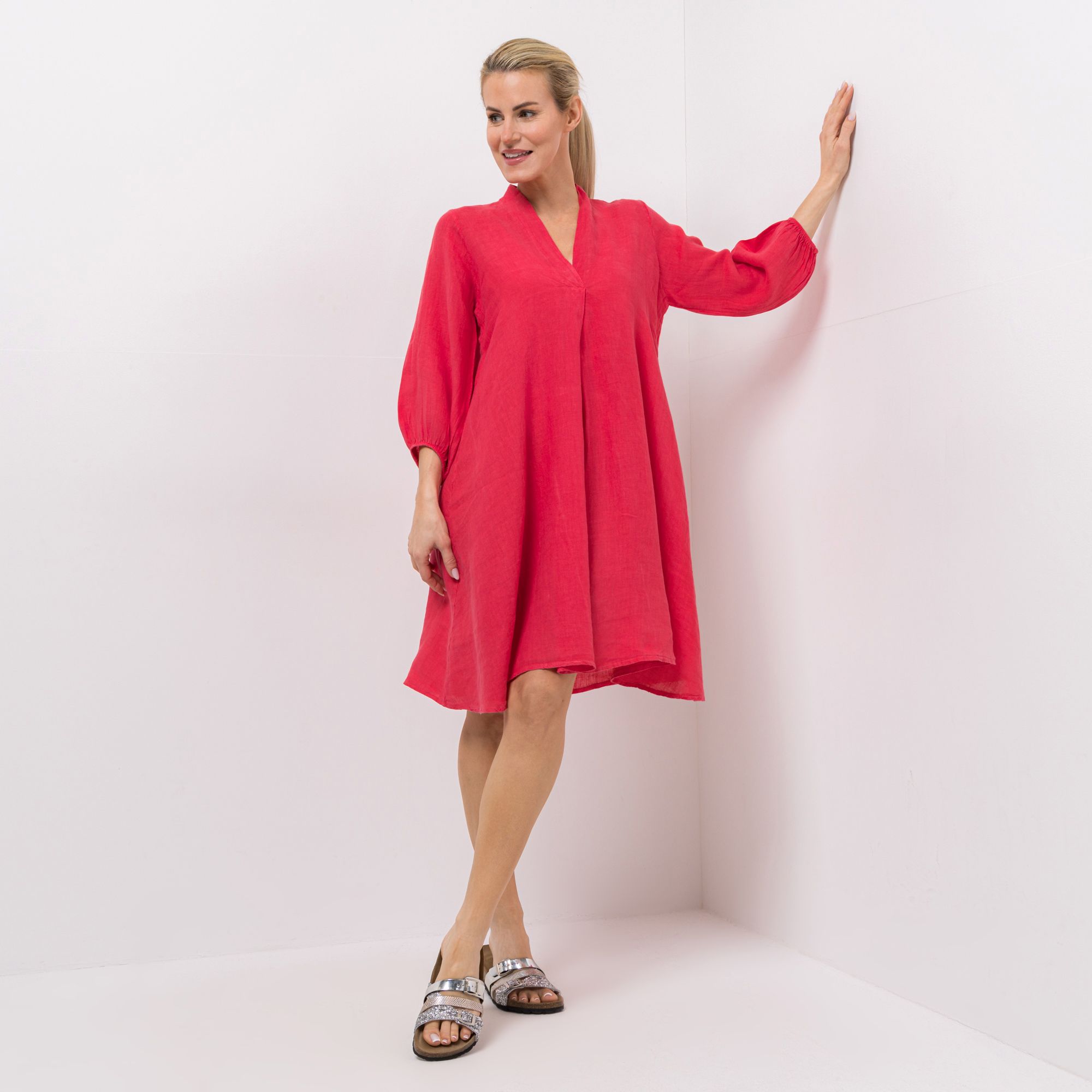 DINE 'N' DANCE Leinenkleid 3/4-Arm V-Ausschnitt leger weit