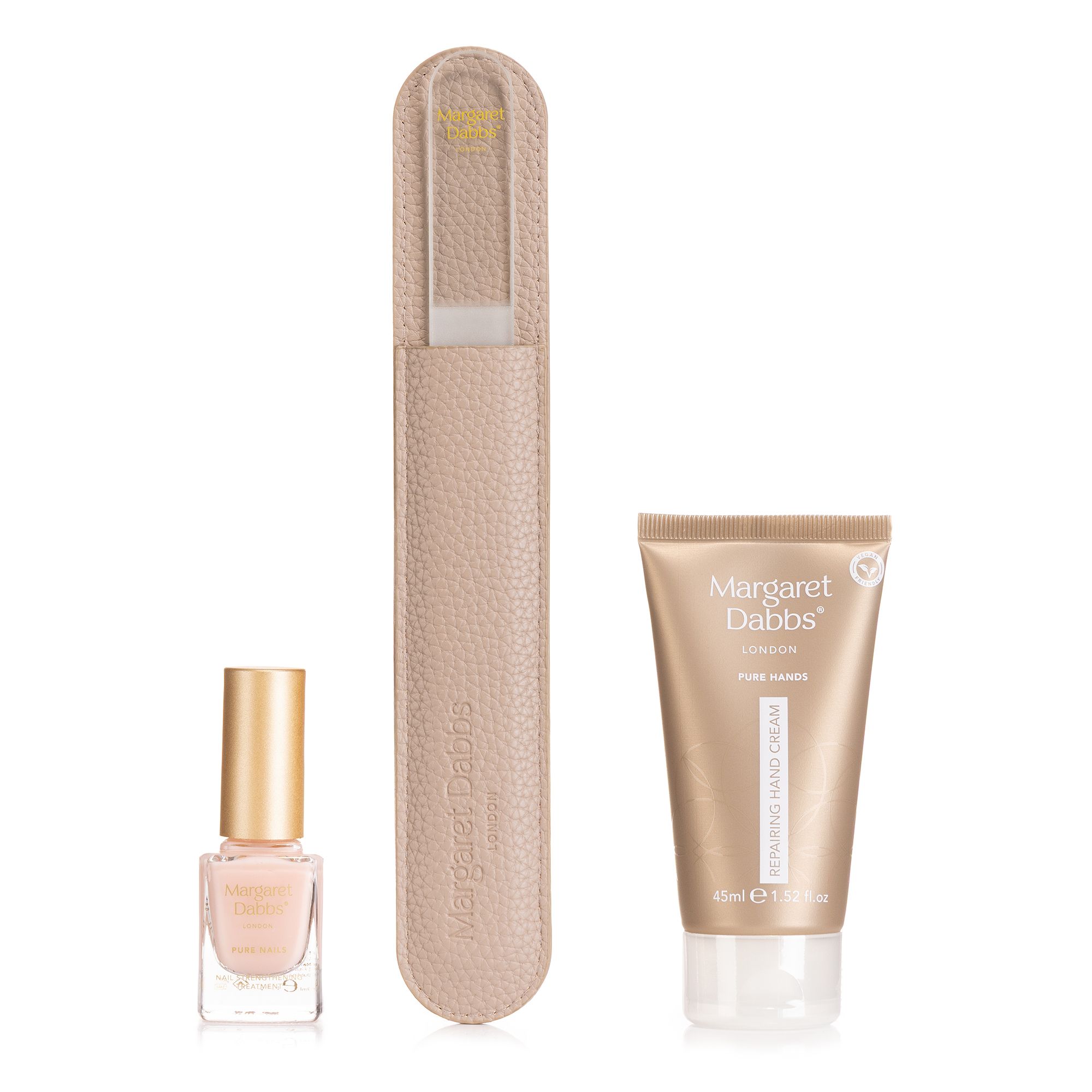 MARGARET DABBS LONDON Pure Hand Cream 45ml, Nail Strengthening Treatment 9ml,Crystal Nail File
