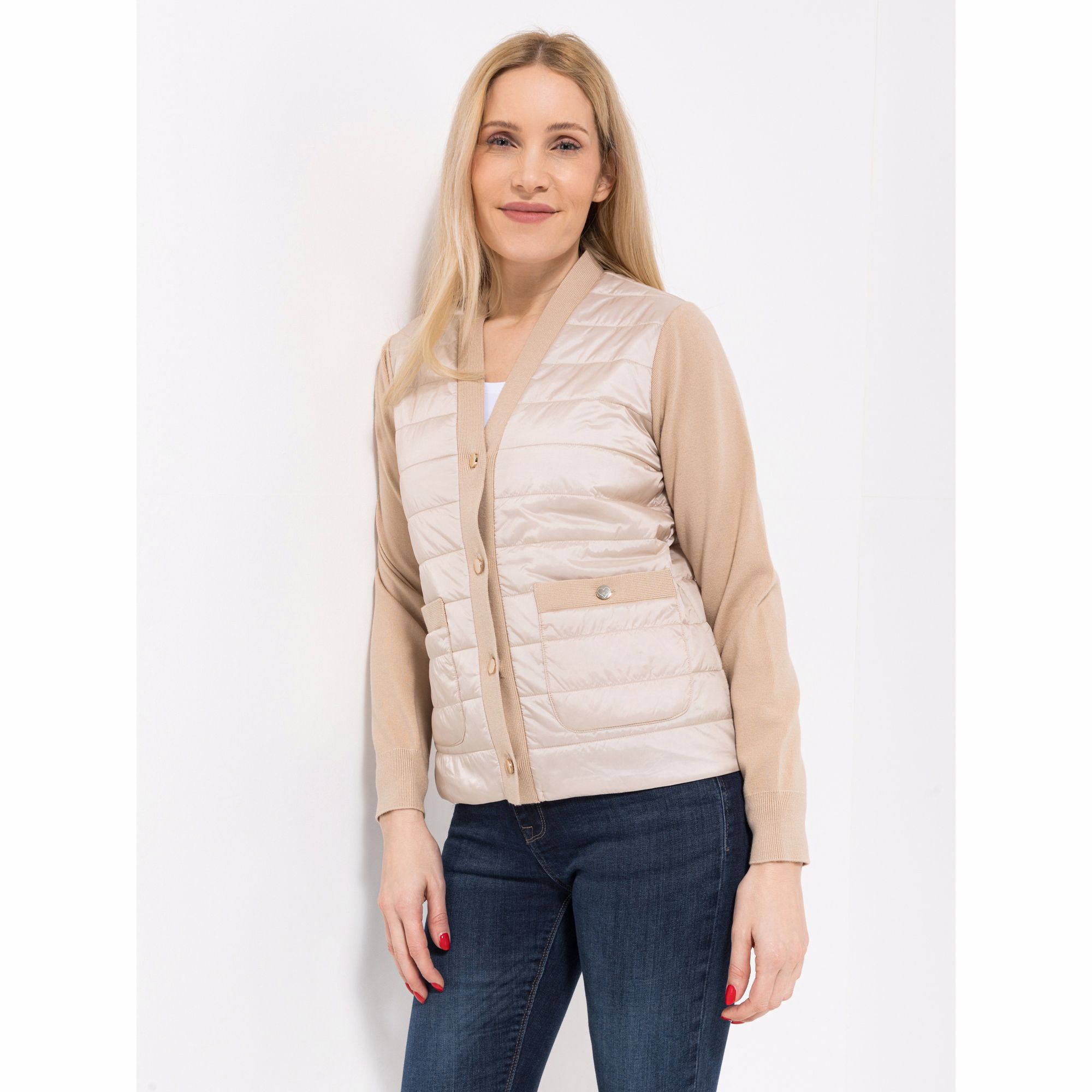 ANNI FOR FRIENDS Jacke, V-Ausschnitt Knopfleiste Materialmix figurumspielend