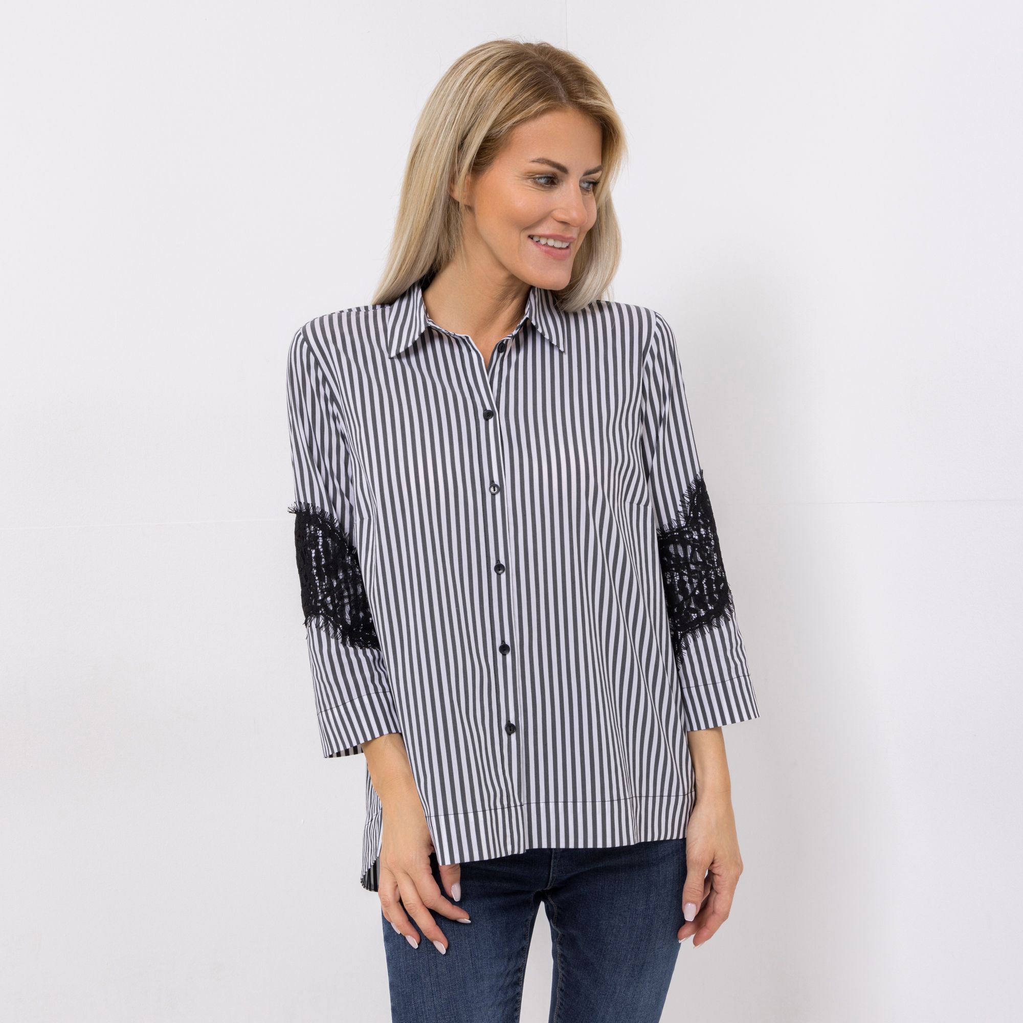 DINE 'N' DANCE Bluse, 3/4-Arm Blusenkragen Spitzendetails leger weit