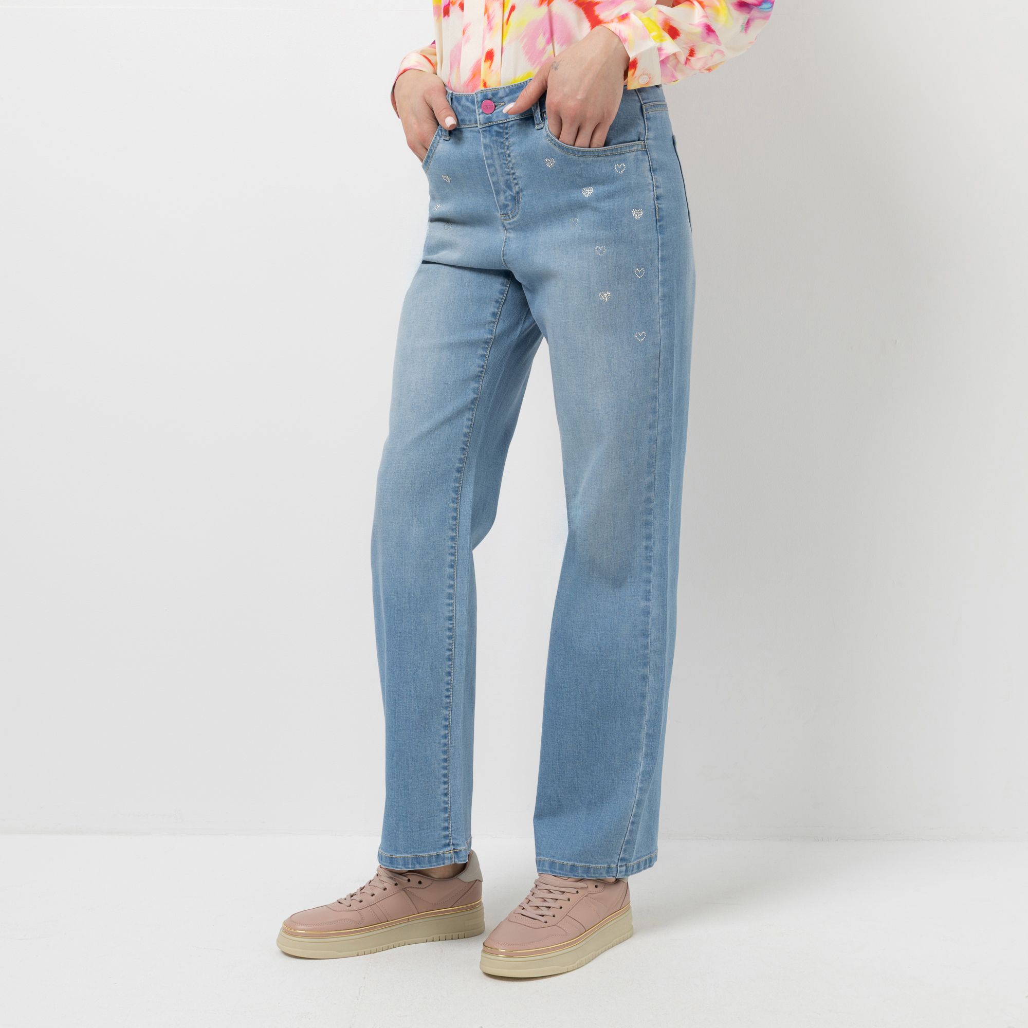 STEFFEN SCHRAUT Jeanshose, lange Form 5-Pocket-Style Herzstrass-Details gerades weites Bein