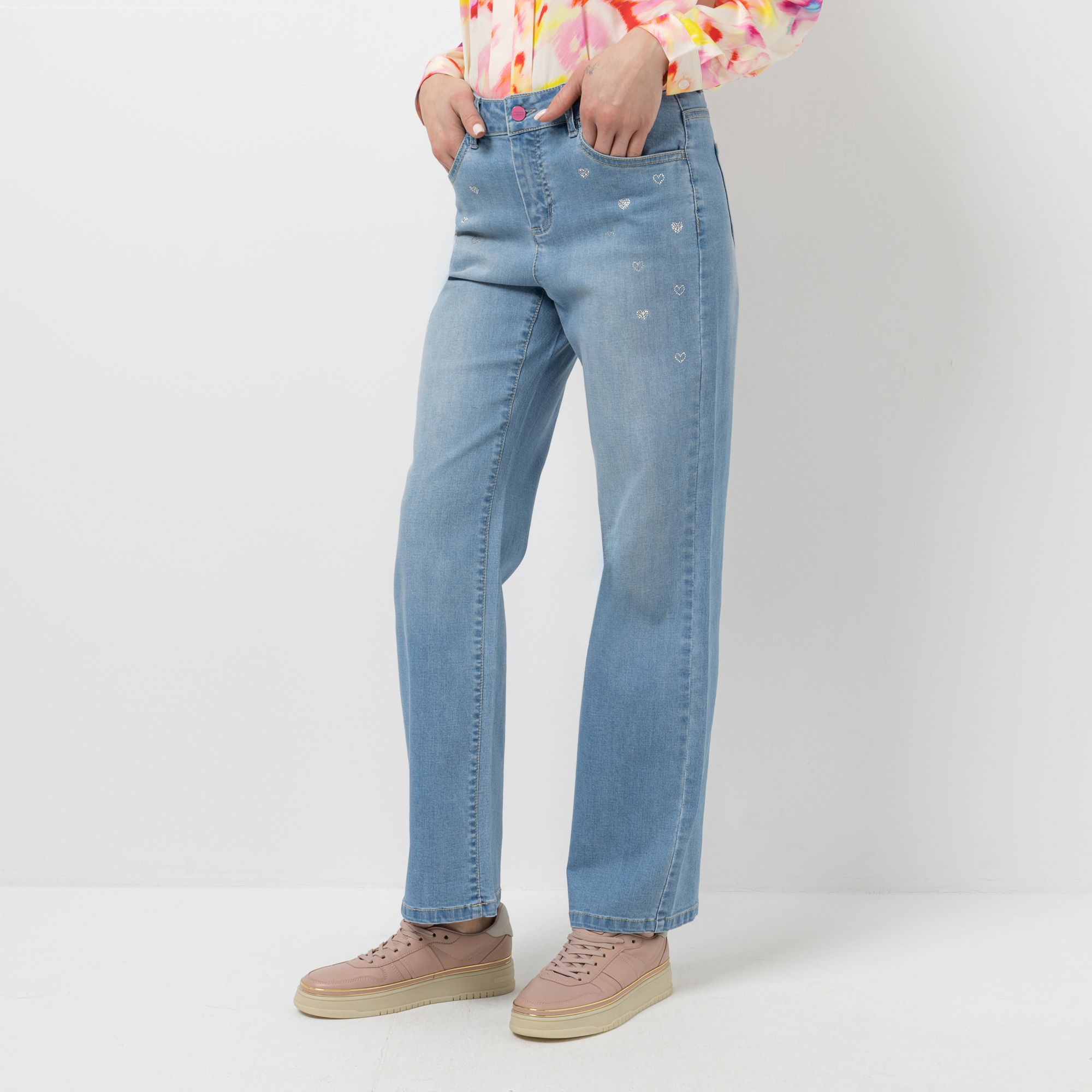 STEFFEN SCHRAUT Jeanshose, lange Form 5-Pocket-Style Herzstrass-Details gerades weites Bein