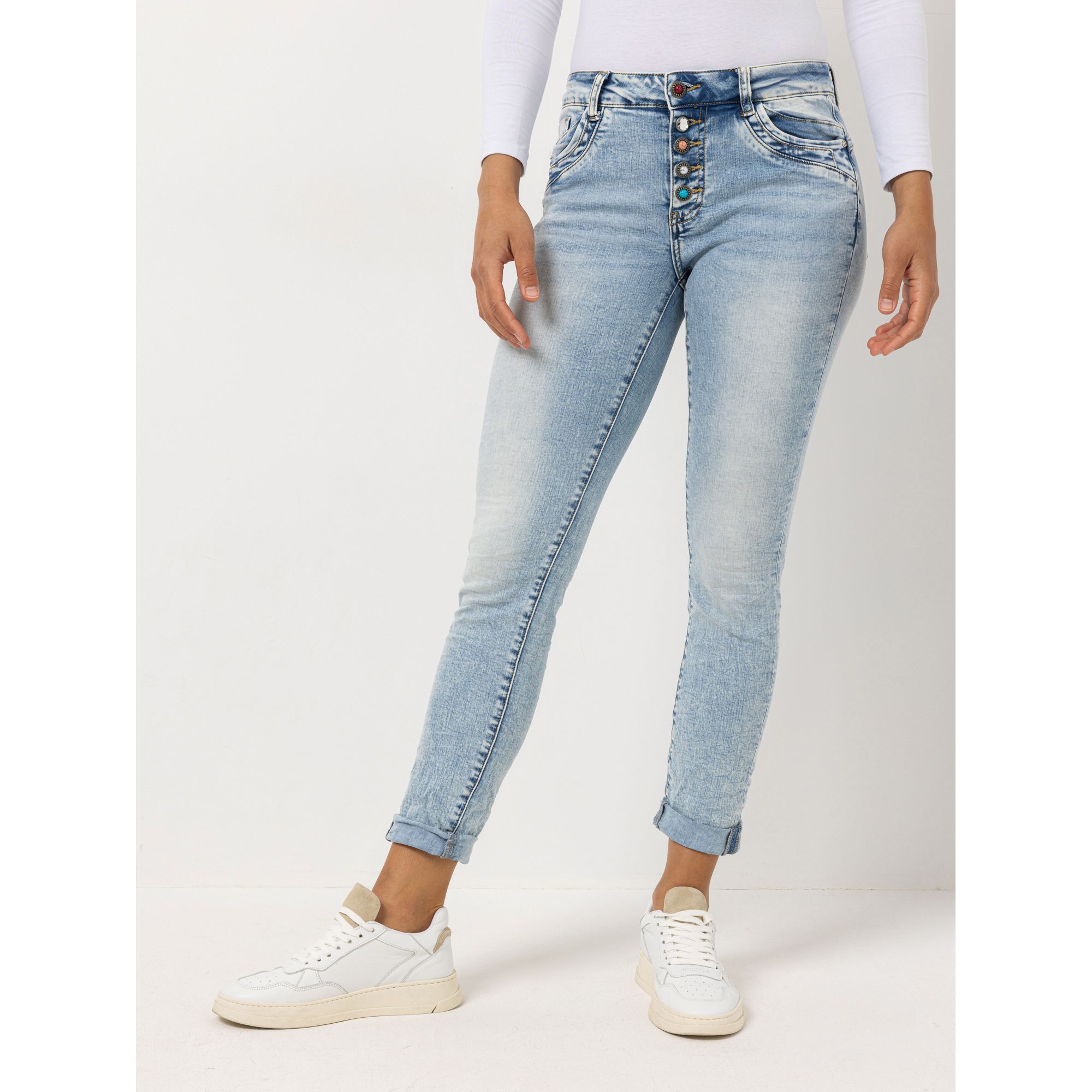 DINE 'N' DANCE Jeanshose Jive 5-Pocket-Style bunte Schmuckknöpfe schmales Bein