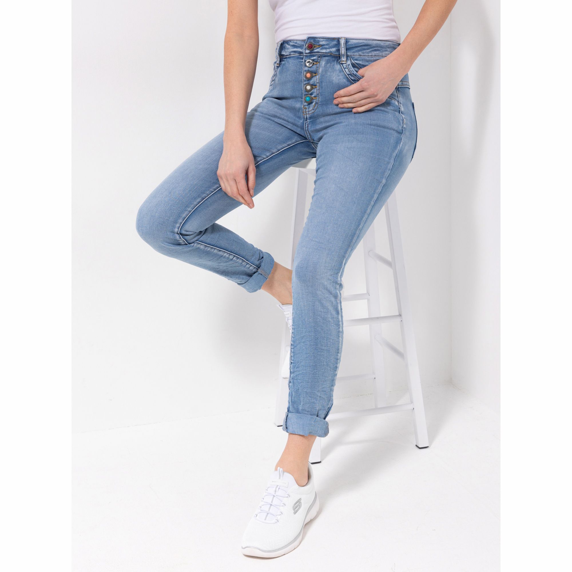 DINE 'N' DANCE Jeanshose Jive 5-Pocket-Style bunte Schmuckknöpfe schmales Bein