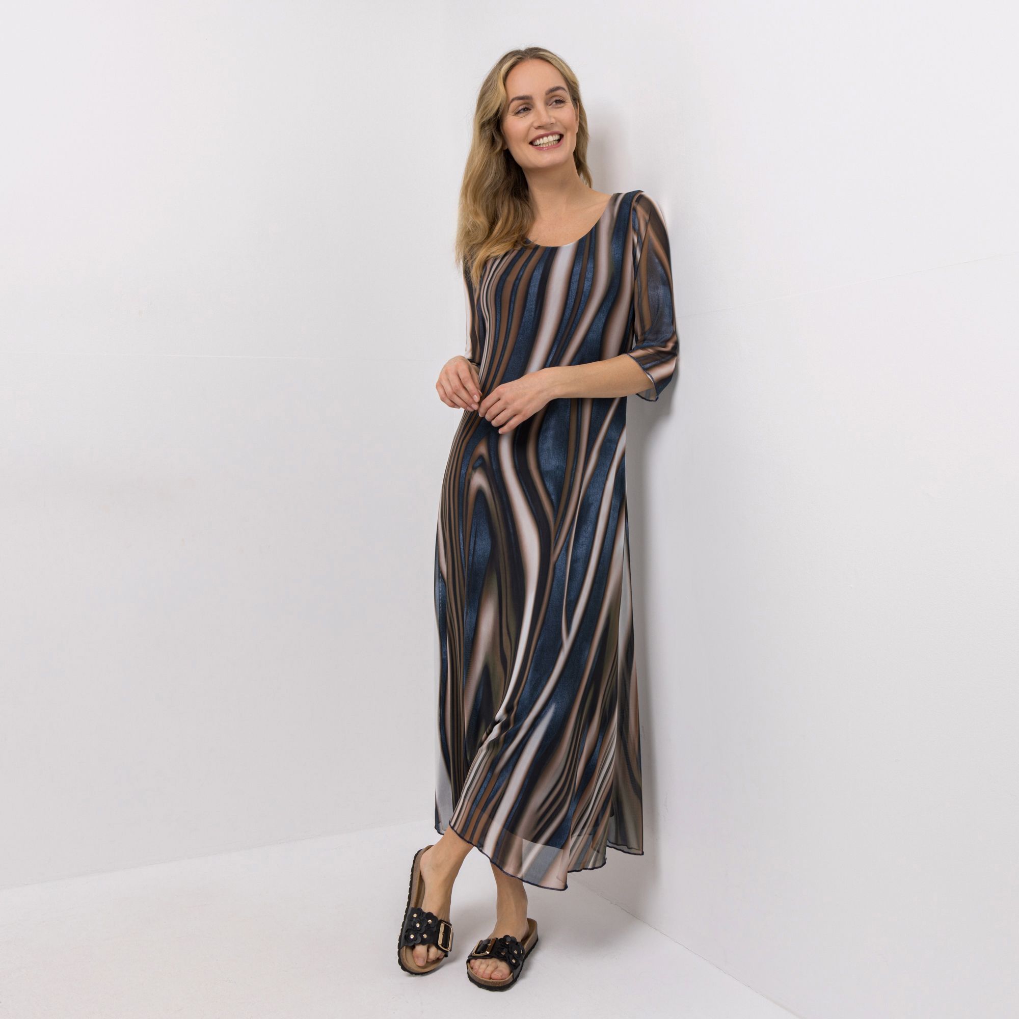 DINE 'N' DANCE Maxi-Kleid, 3/4-Arm Rundhalsausschnitt Mesh-Qualität figurumspielend