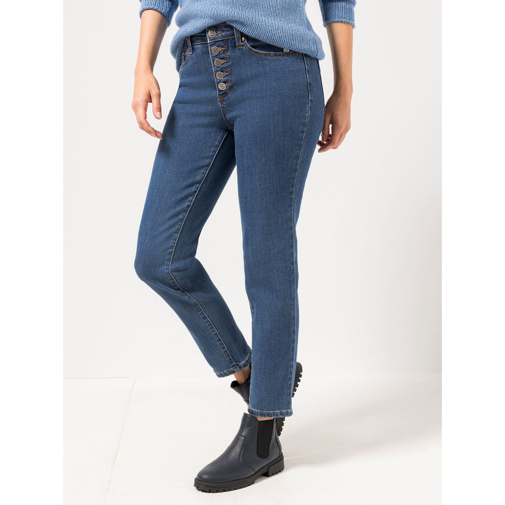 STRANDFEIN Jeanshose knöchellang offene Knopfleiste schmales Bein