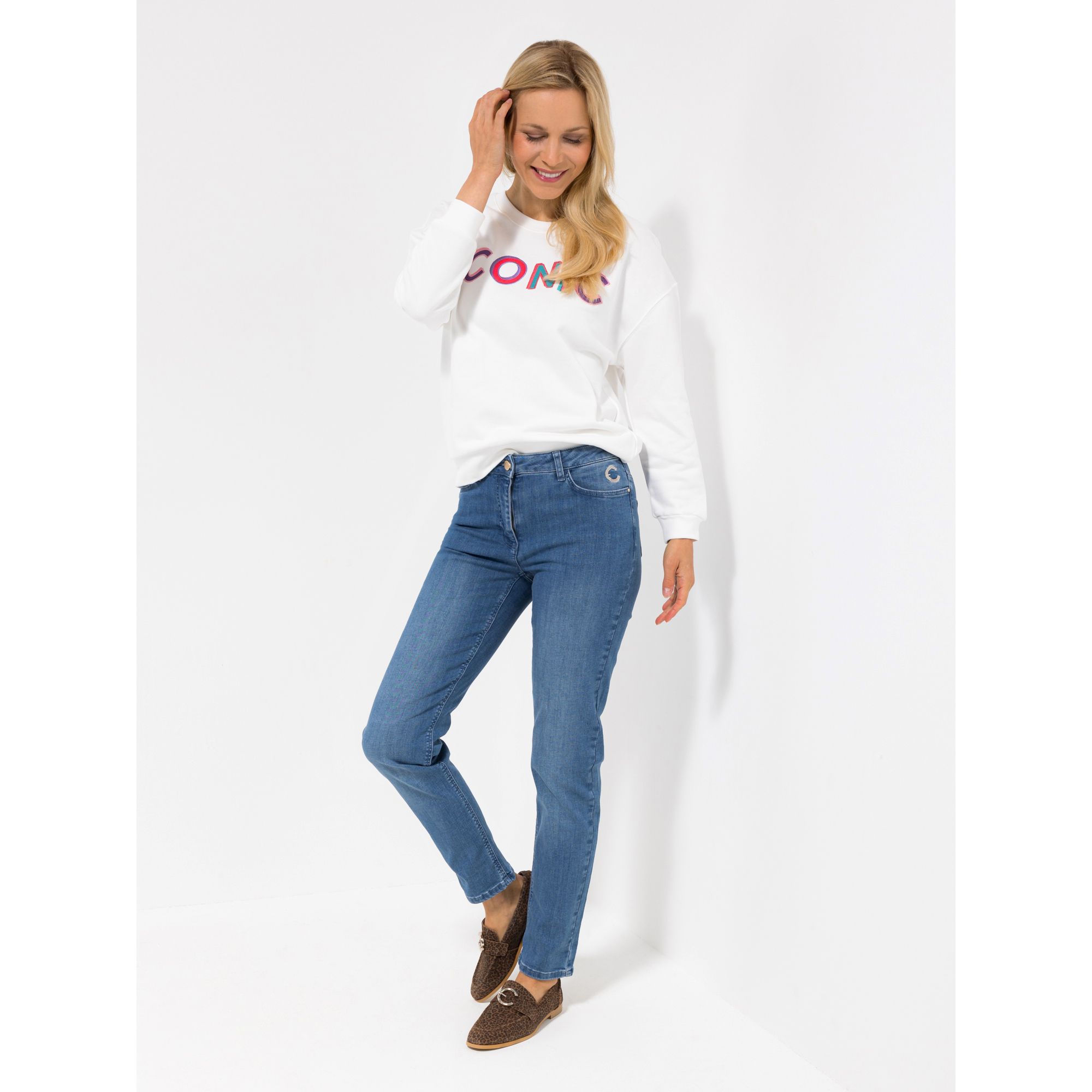 ICONIC by Marina Hoermanseder Jeanshose, 1/1 Länge Schnallendetail gerades Bein