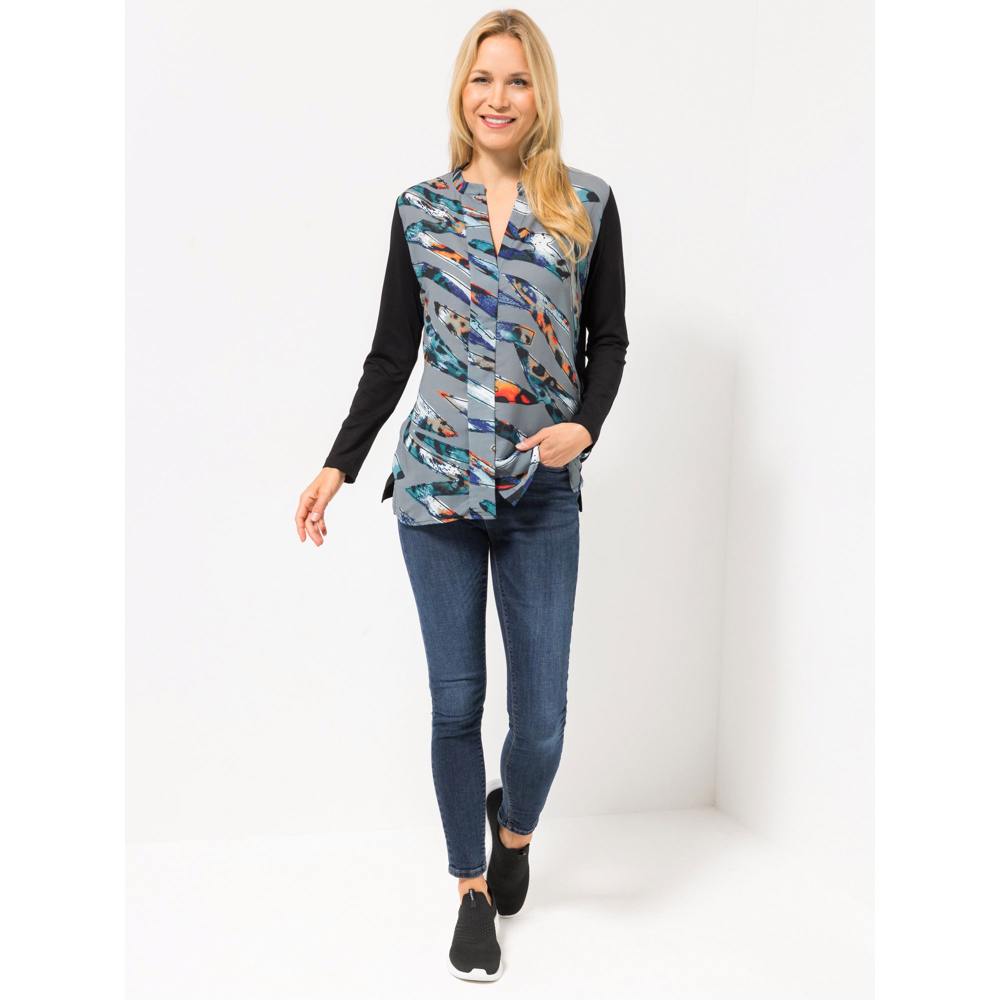 DINE 'N' DANCE Blusenshirt Materialmix vorne bedruckt figurumspielend