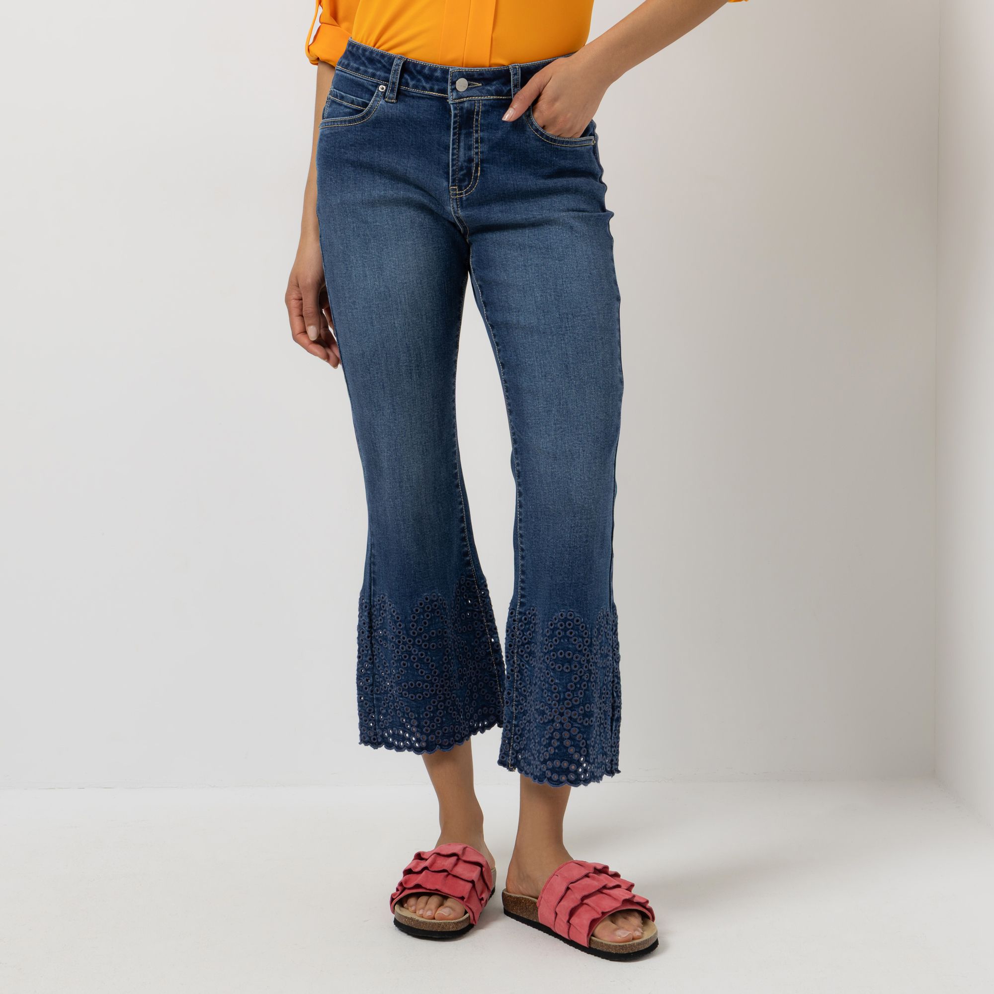 STEFFEN SCHRAUT Jeanshose, 7/8 Länge 5-Pocket-Style Lochstickerei weites Bein