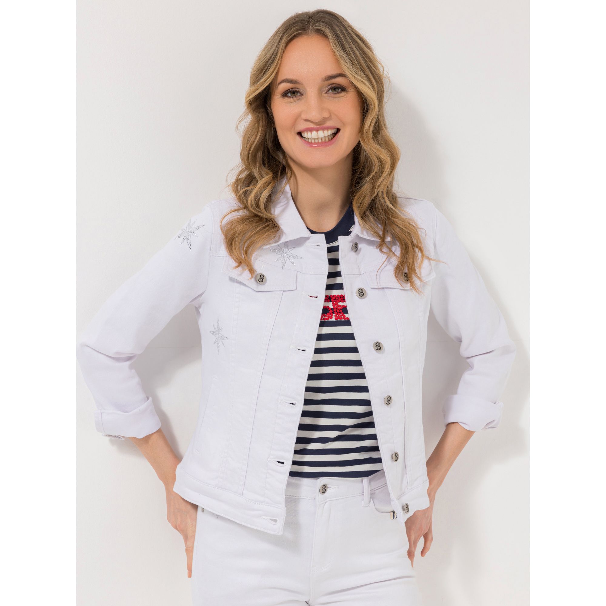 STRANDFEIN Jeansjacke Brusttaschen Strassstein-Windrosen figurbetont