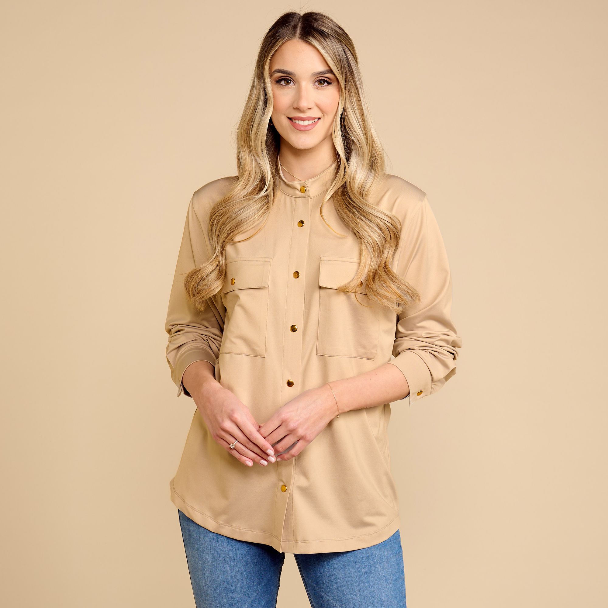 SCHIFFHAUER MUNICH® Blusenjacke, 1/1-Arm Druckknöpfe Strassmotiv im Rücken leger weit