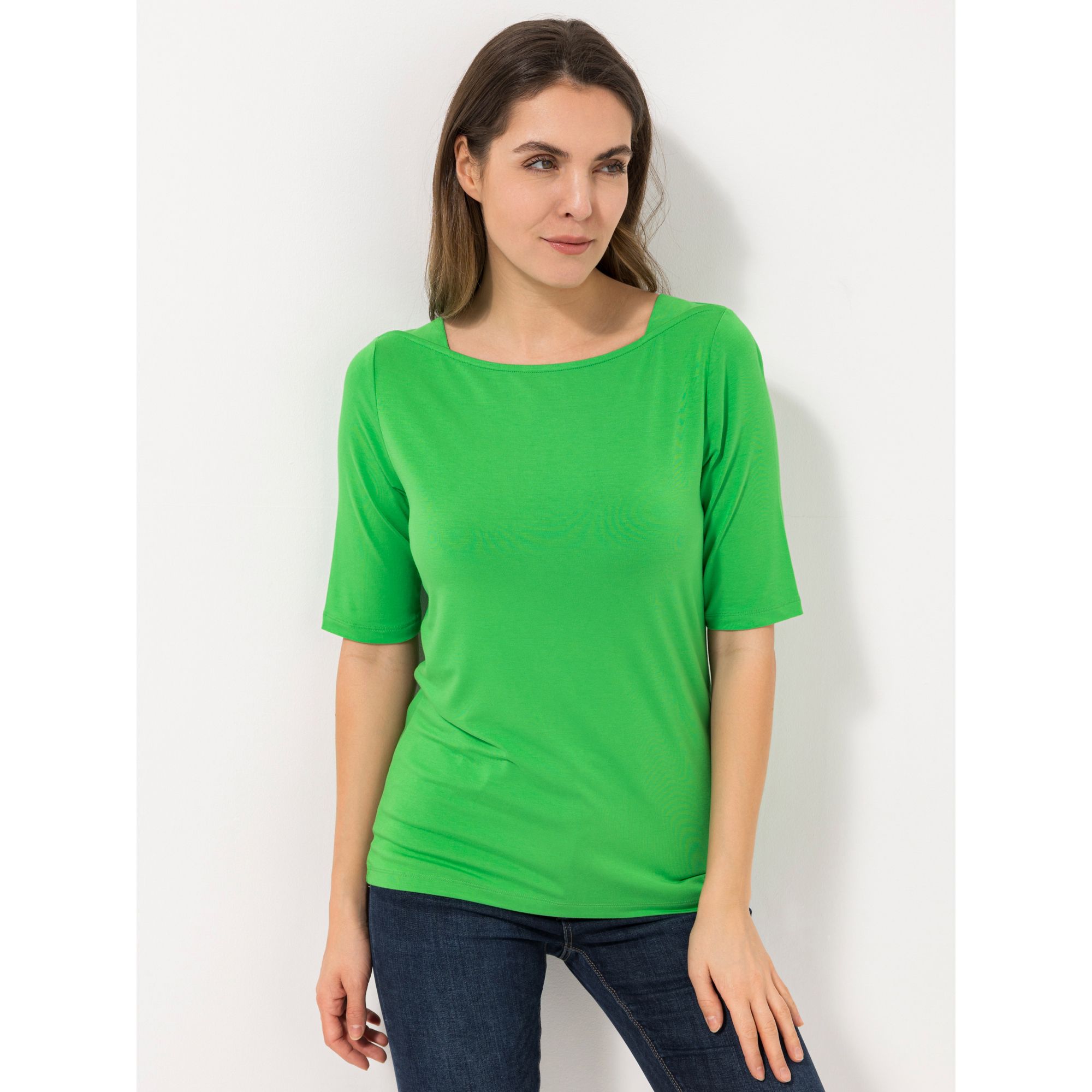 EVA LUTZ Shirt, langer Halbarm U-Boot-Ausschnitt mit eckigen Einsätzen figurumspielend