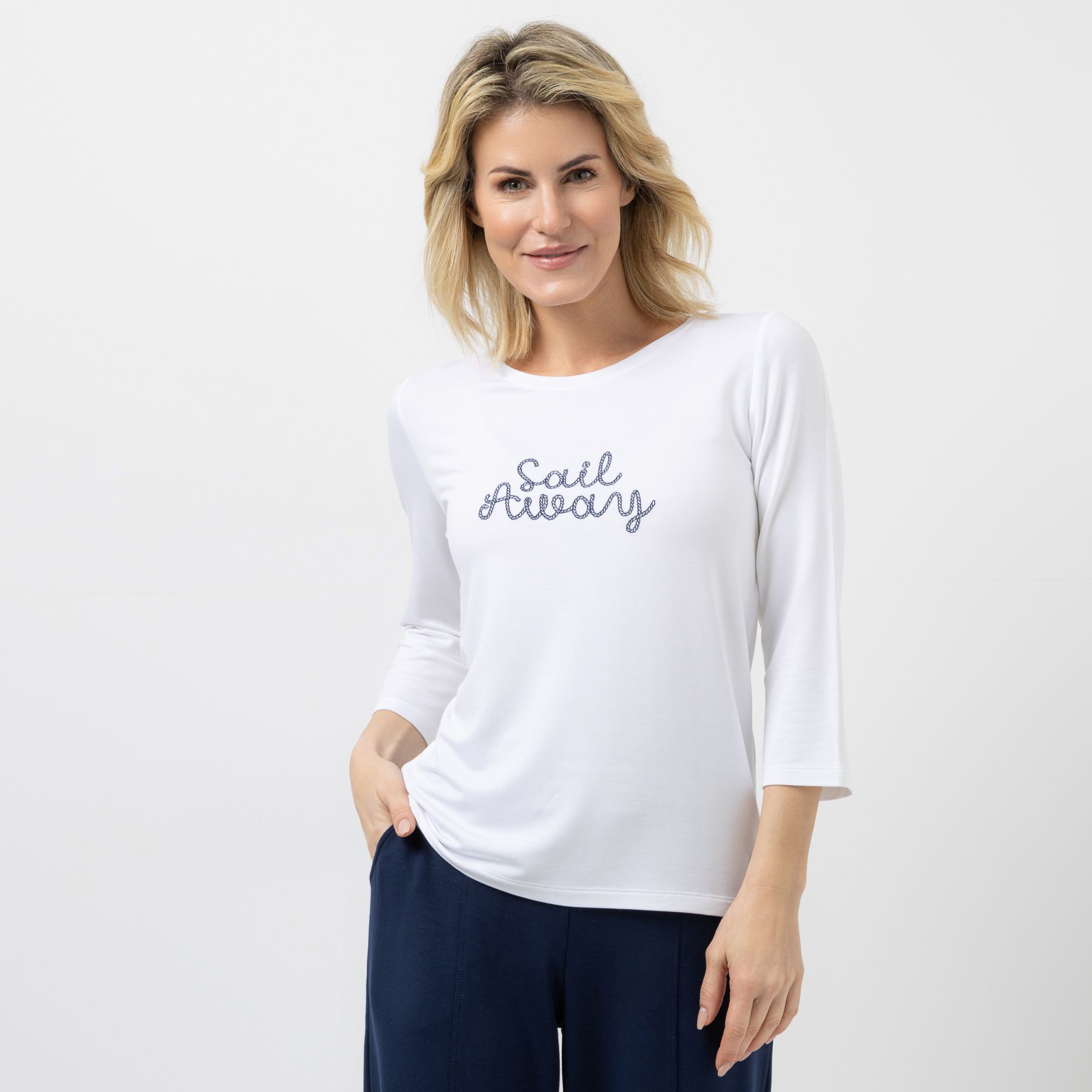 STRANDFEIN Shirt, 3/4-Arm Rundhalsausschnitt Stickerei figurumspielend