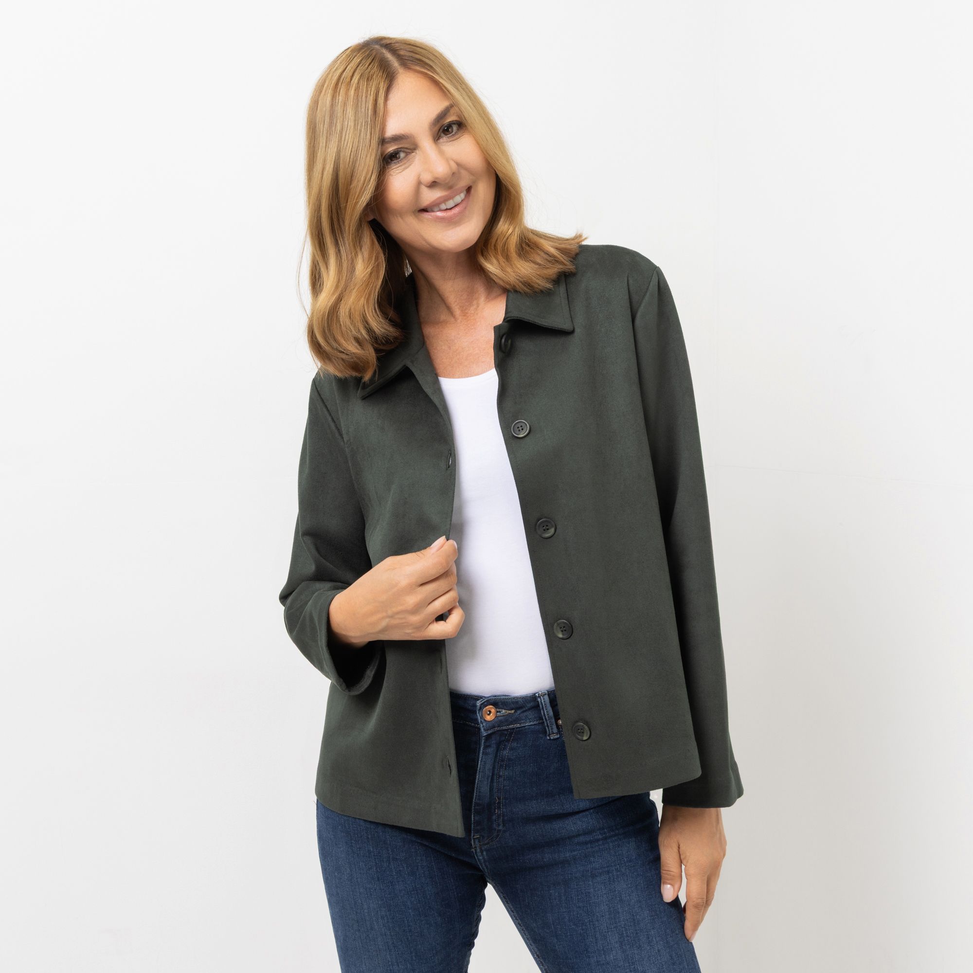 KIM & CO. Hemdjacke, Langarm Veloursleder-Optik Fransen-Detail leger