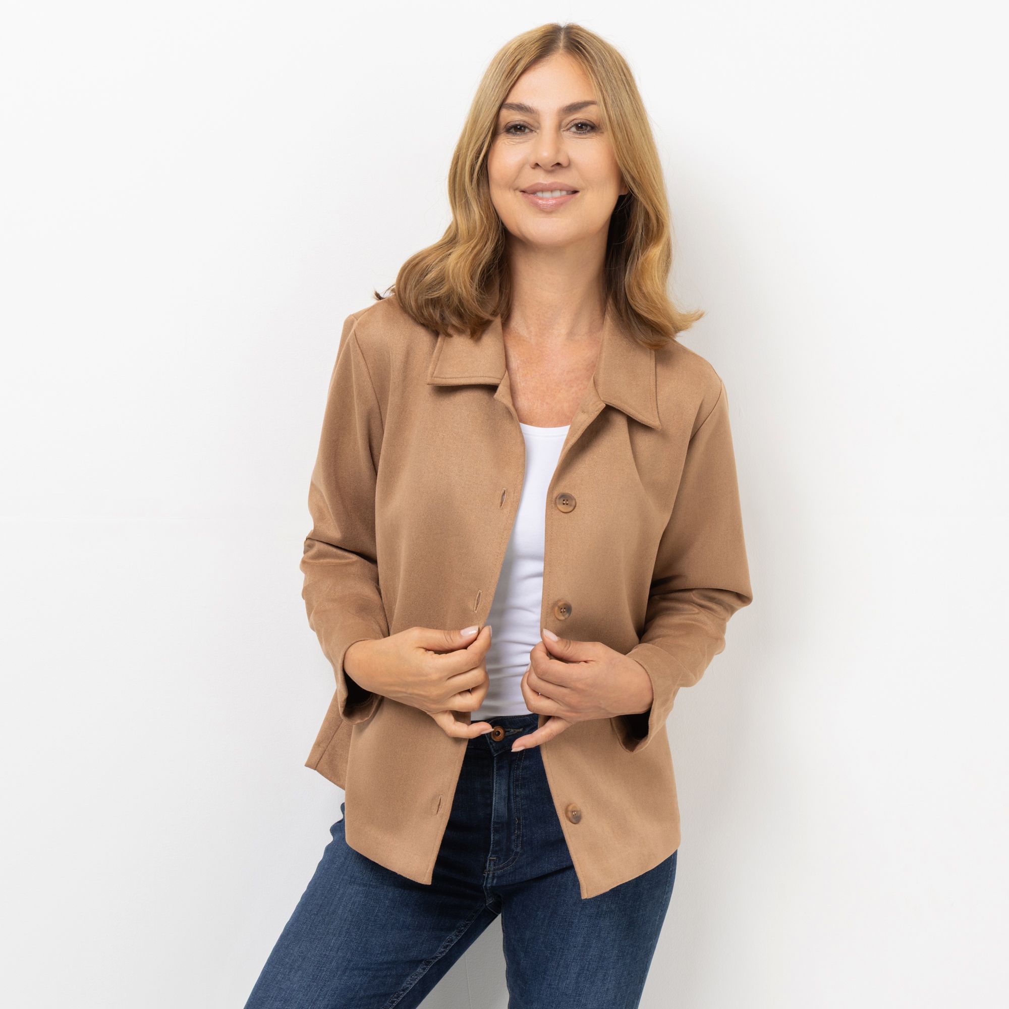 KIM & CO. Hemdjacke, Langarm Veloursleder-Optik Fransen-Detail leger