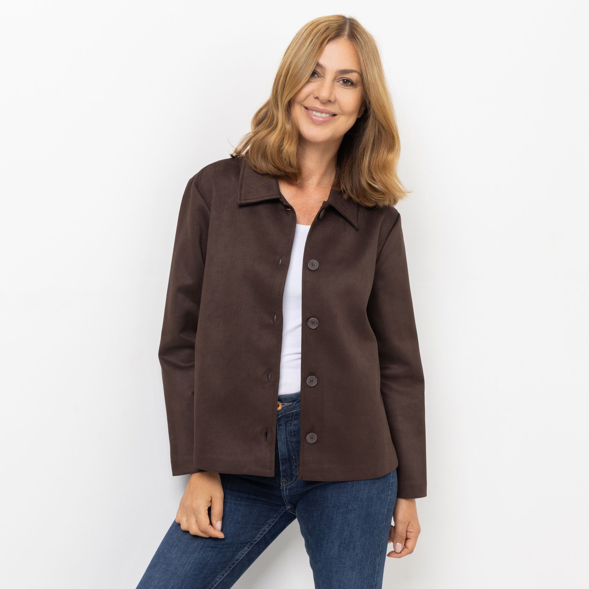 KIM & CO. Hemdjacke, Langarm Veloursleder-Optik Fransen-Detail leger