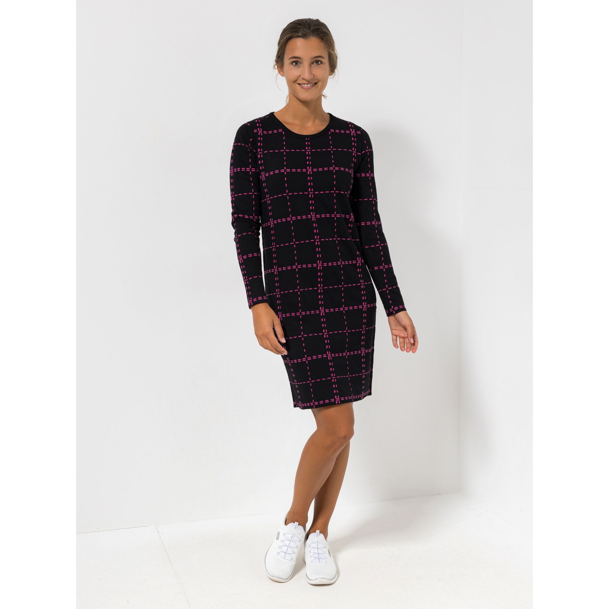 EVA LUTZ Kleid, 1/1-Arm Rundhalsausschnitt Allover Karo-Muster figurumspielend