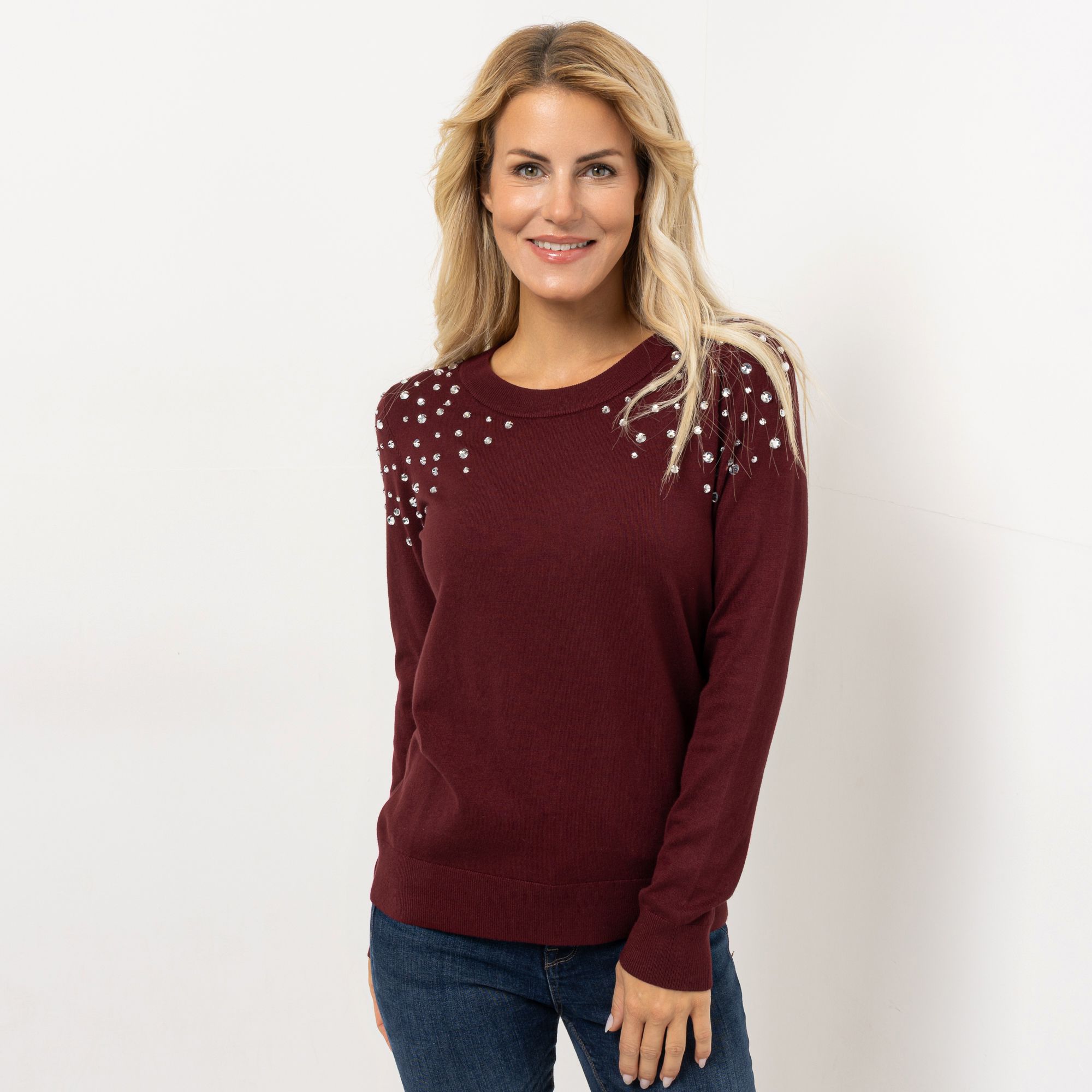 KILIAN KERNER SENSES Pullover, Langarm Rundhalsausschnitt Strass-Steine figurumspielend