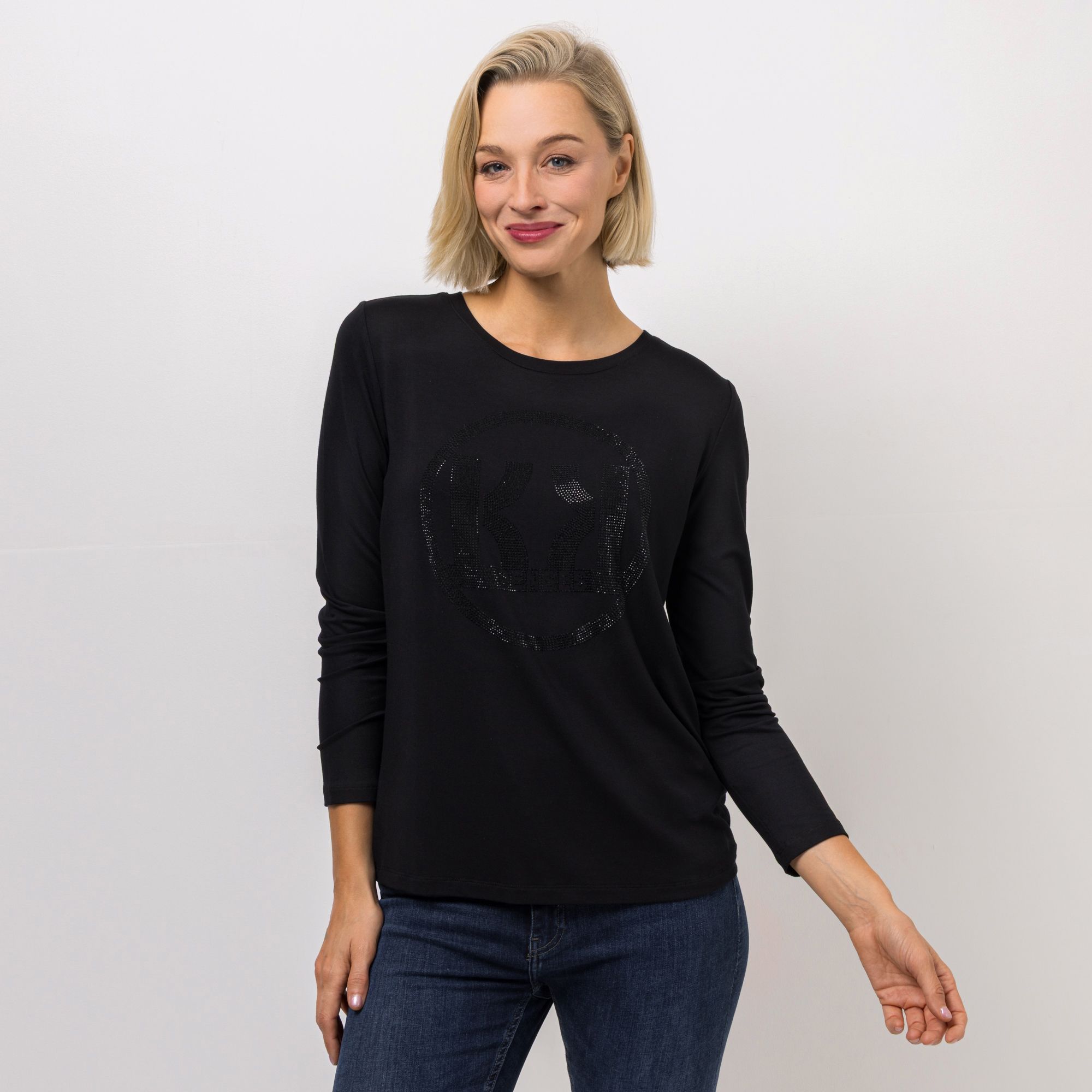 KILIAN KERNER SENSES Shirt, Langarm Rundhalsausschnitt Strass-Logo figurumspielend