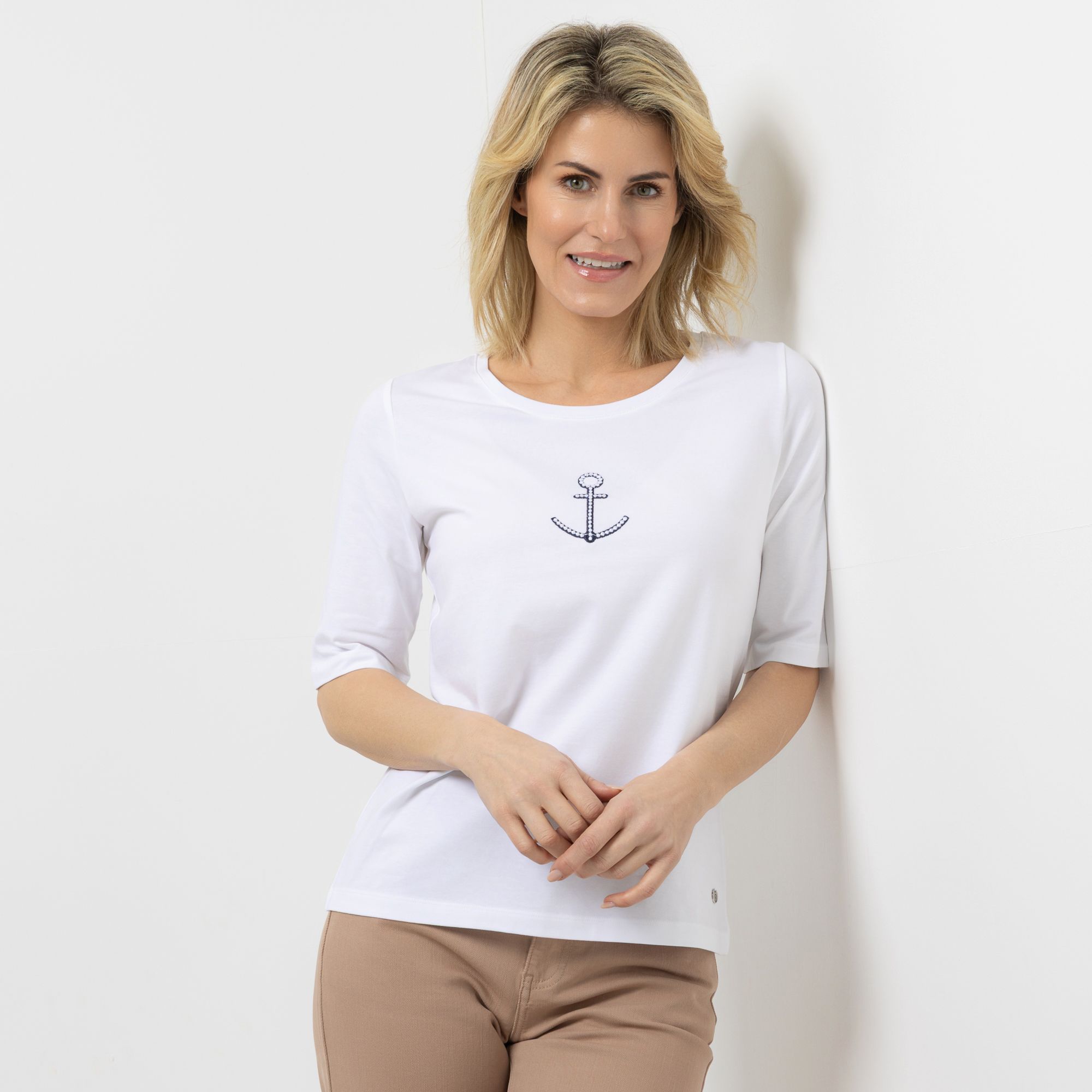 STRANDFEIN Shirt, 1/2-Arm Rundhalsausschnitt Anker-Stickerei figurumspielend