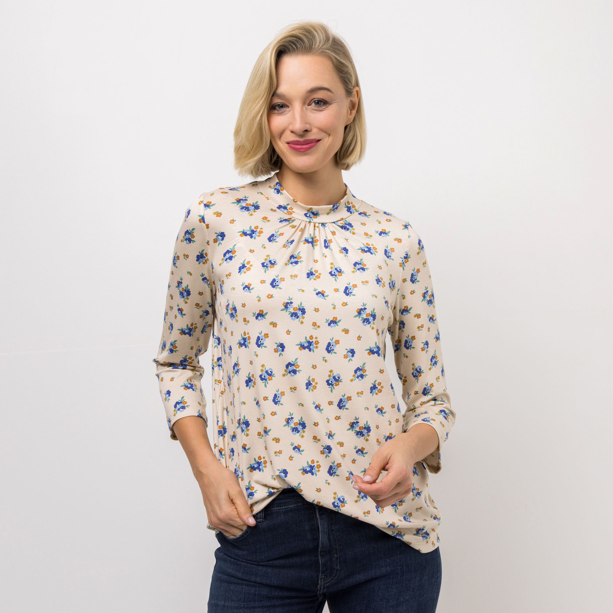KIM & CO. Shirt, 3/4-Arm Viskose-Jersey Stehkragen figurumspielend