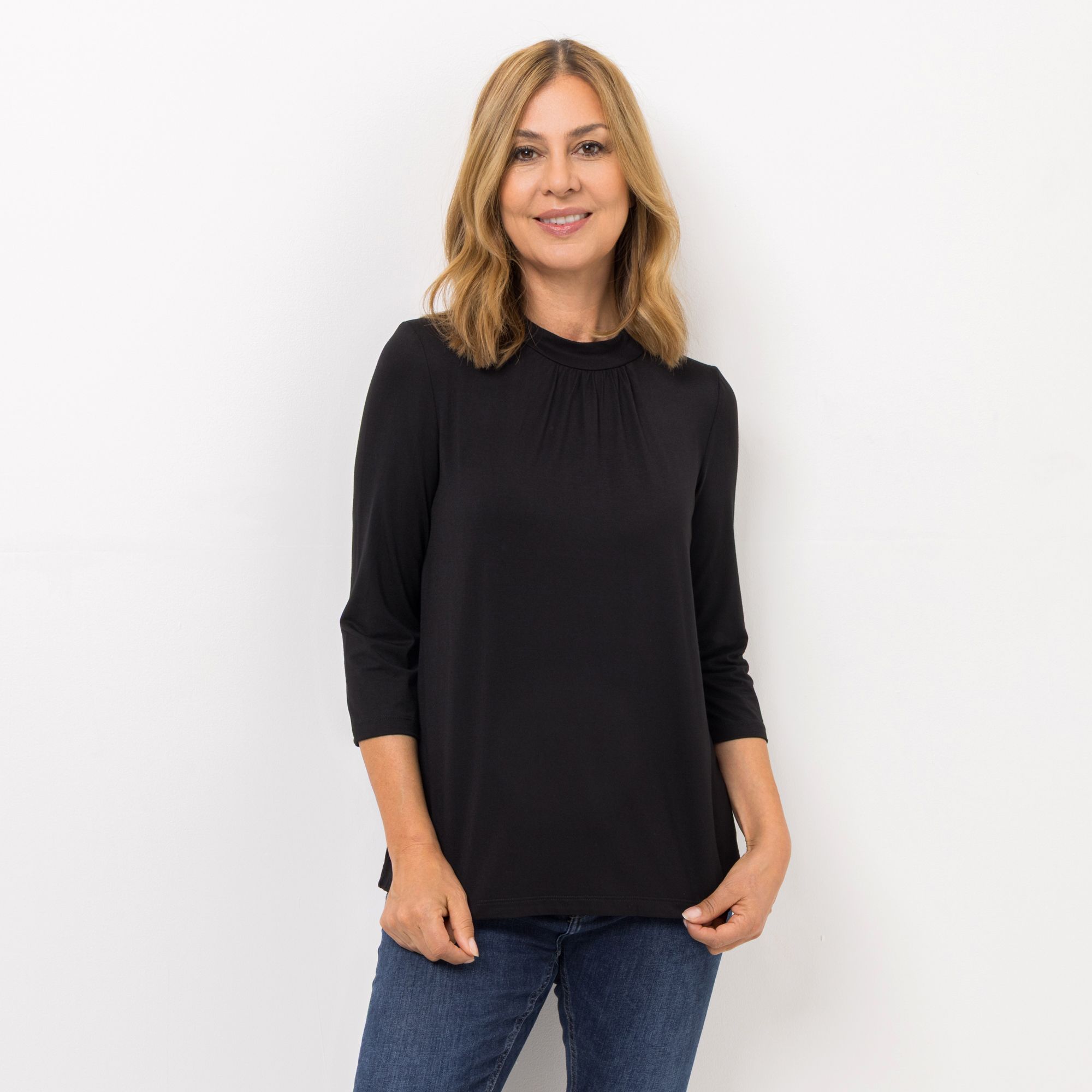 KIM & CO. Shirt, 3/4-Arm Viskose-Jersey Stehkragen figurumspielend