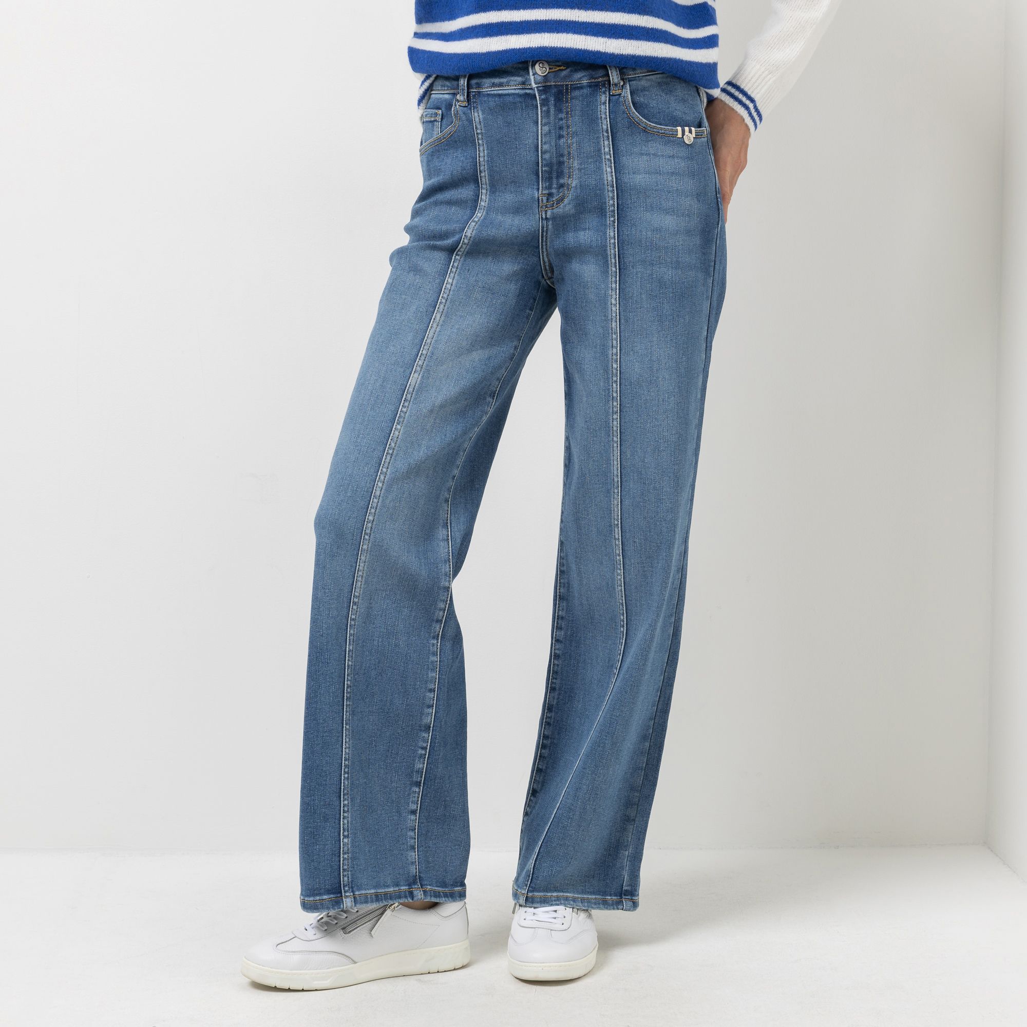 STRANDFEIN Jeanshose 5-Pocket-Style weites Bein Teilungsnähte