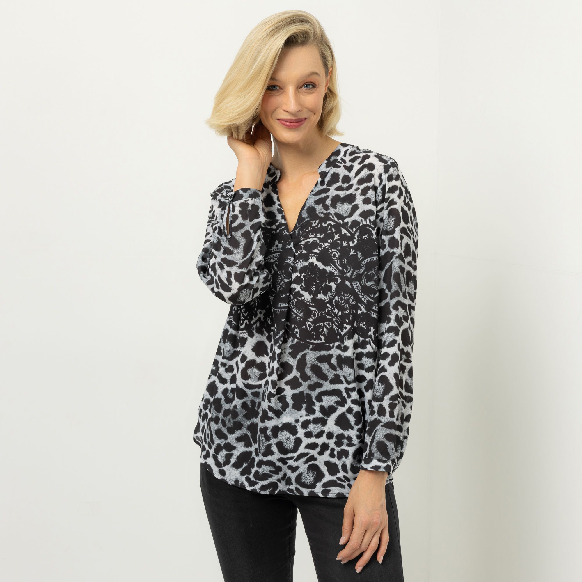 DINE 'N' DANCE Bluse, Langarm V-Ausschnitt Allover-Druck leger weit