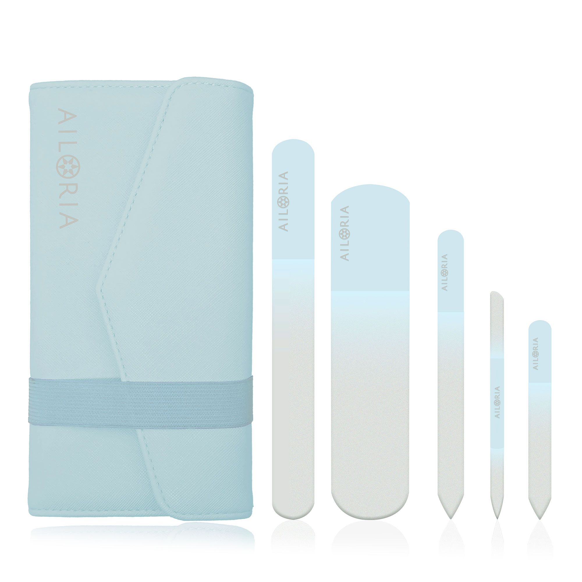 AILORIA Contour Luxe Glasnagelfeilen-Set mit Spiegelchen im Etui, 5tlg.