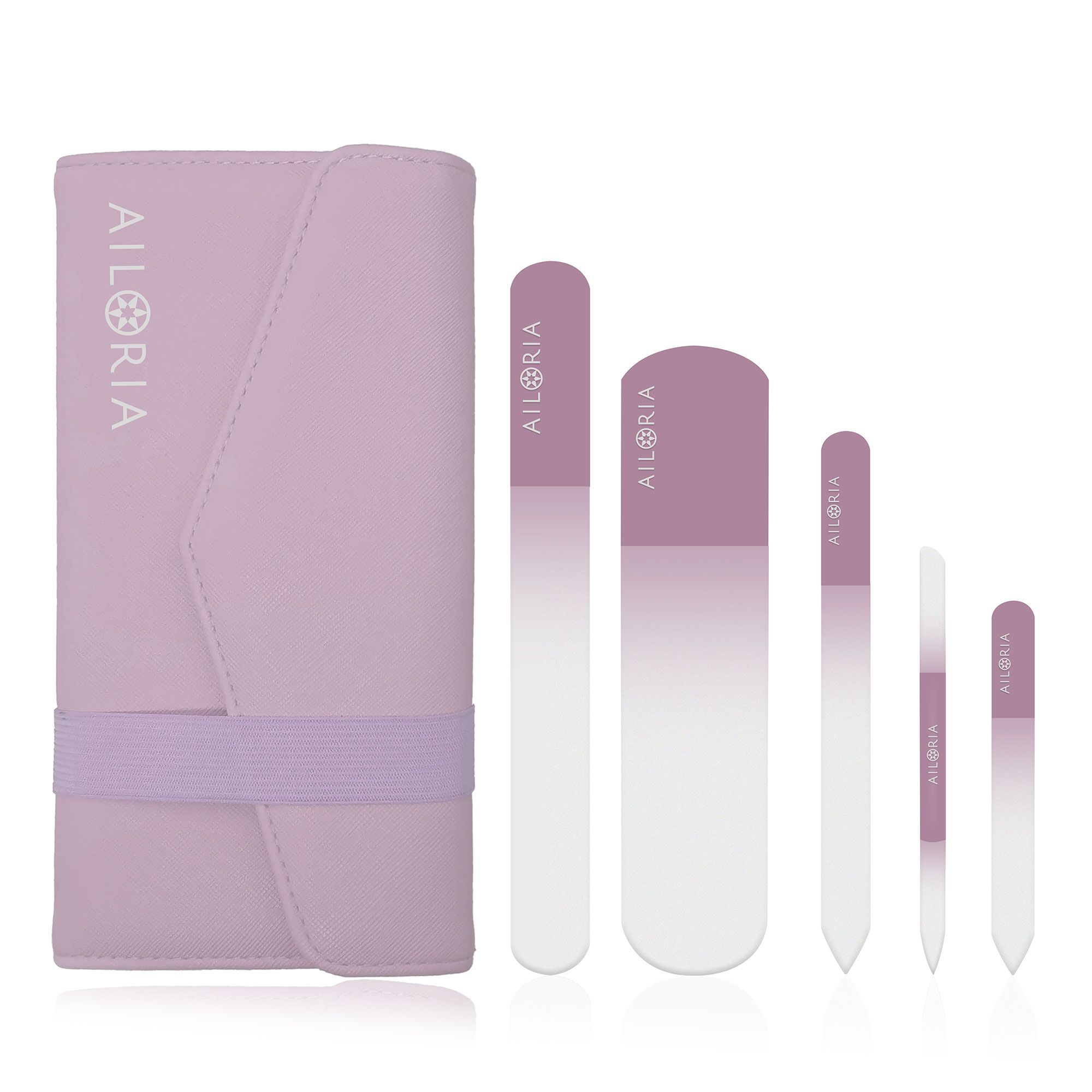 AILORIA Contour Luxe Glasnagelfeilen-Set mit Spiegelchen im Etui, 5tlg.