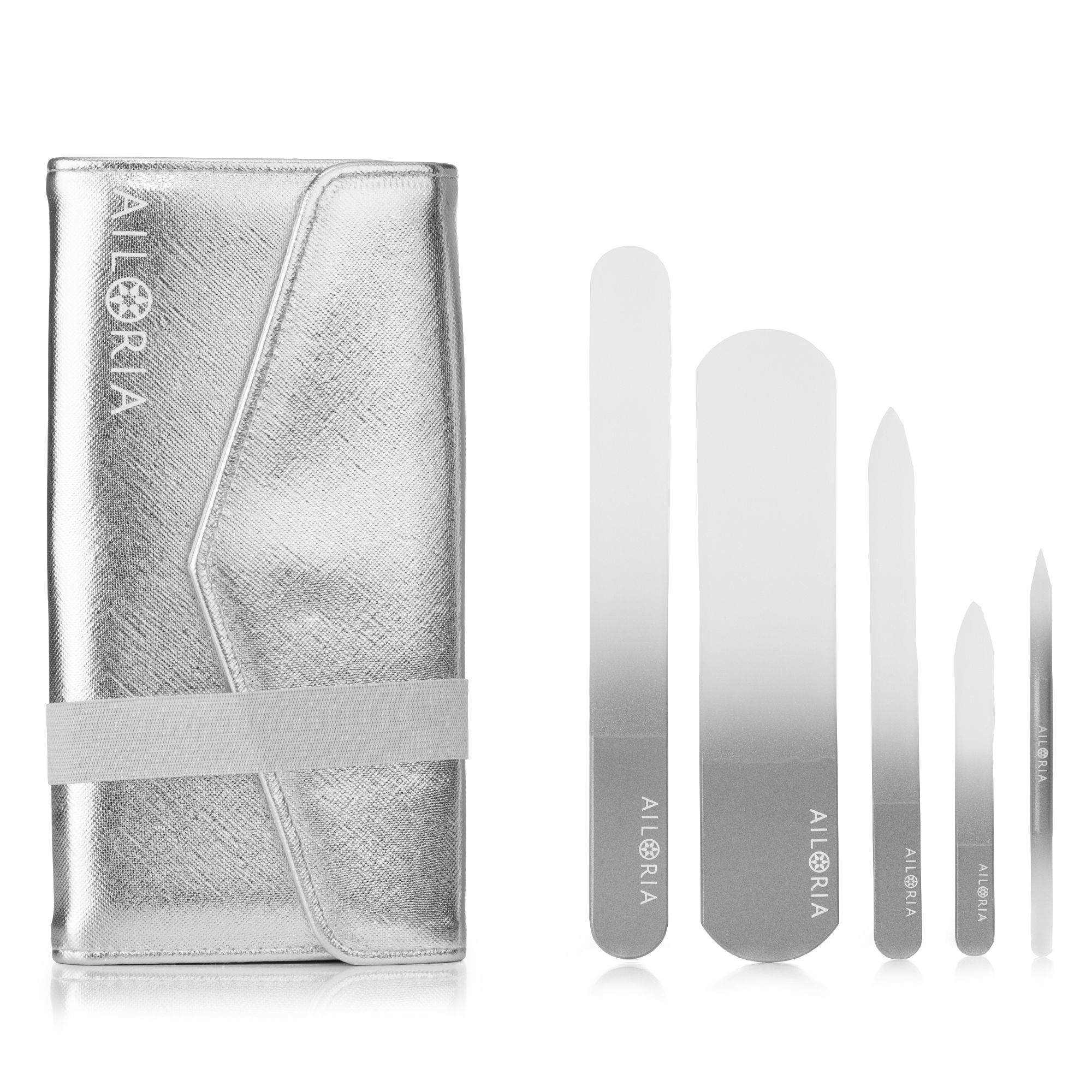 AILORIA Contour Luxe Glasnagelfeilen-Set mit Spiegelchen im Etui, 5tlg.