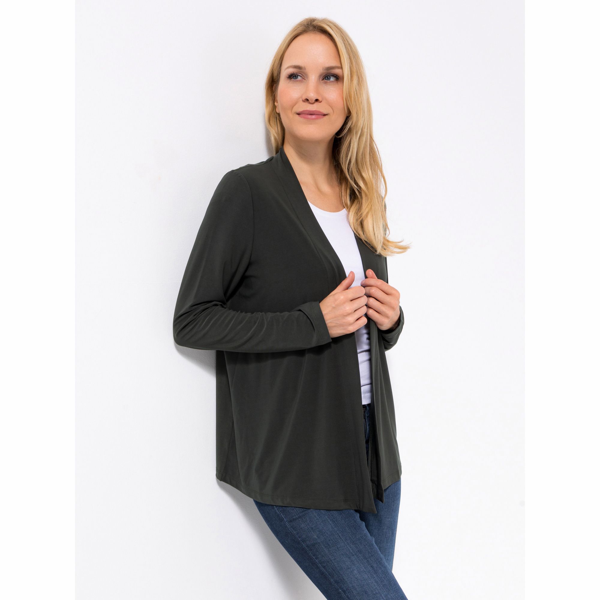 KIM & CO. Cardigan, 1/1-Arm Brazil Knit Jersey offene Front leger weit