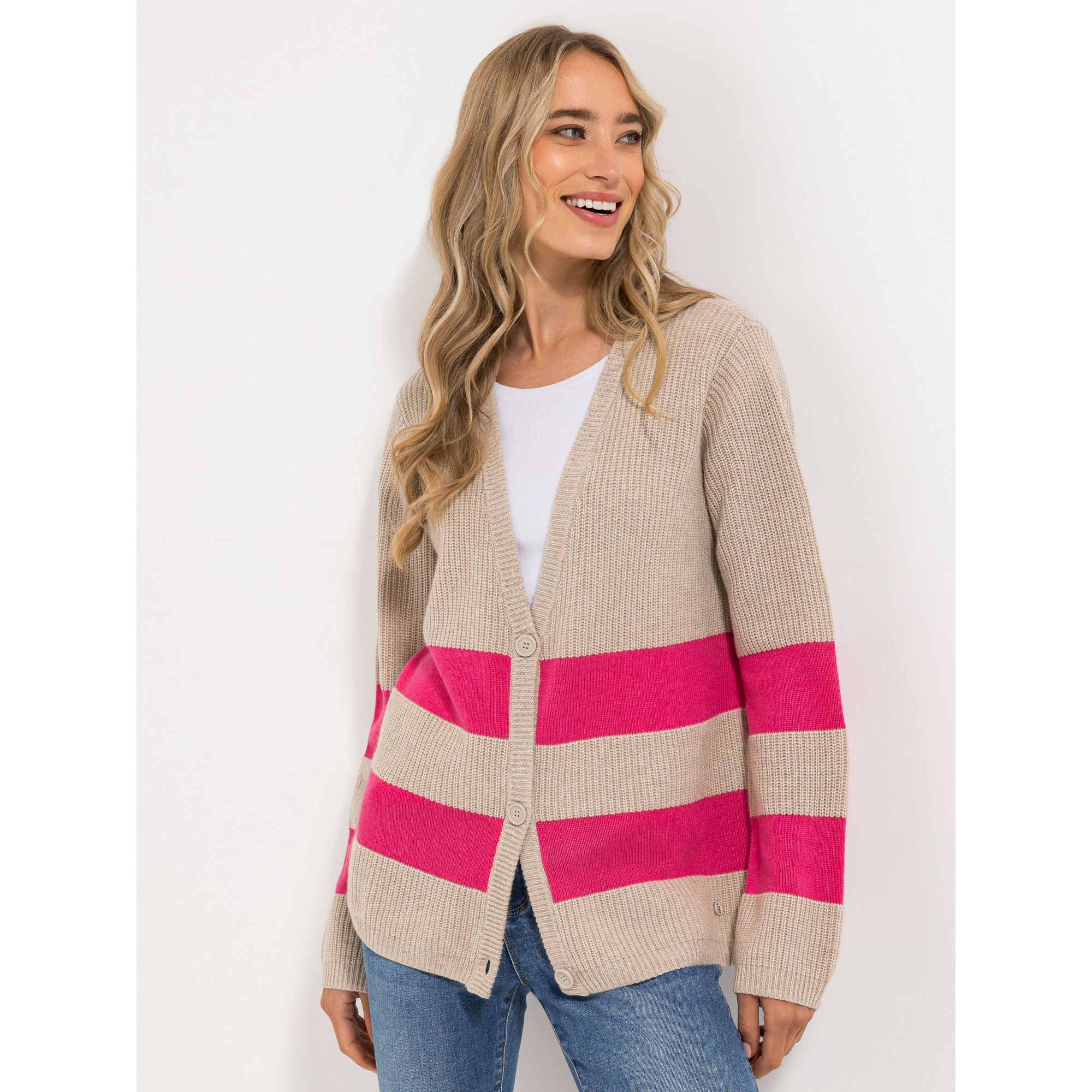 STRANDFEIN Cardigan V-Ausschnitt Blockstreifen leger weit