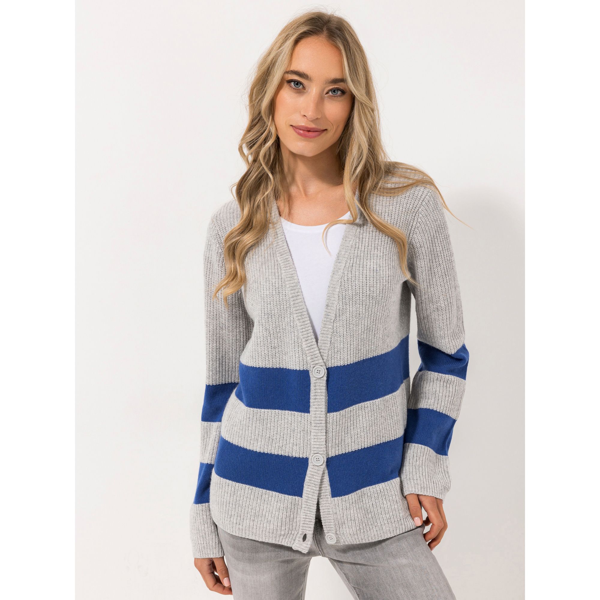 STRANDFEIN Cardigan V-Ausschnitt Blockstreifen leger weit