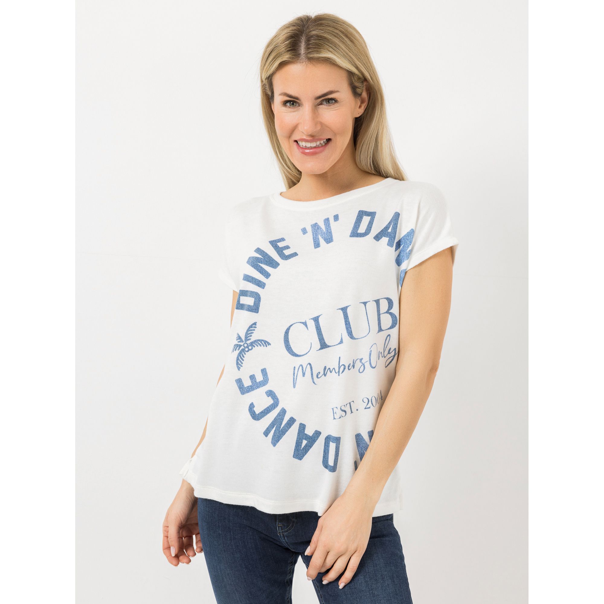 DINE 'N' DANCE Strickshirt Rundhalsausschnitt platzierter Druck leger weit